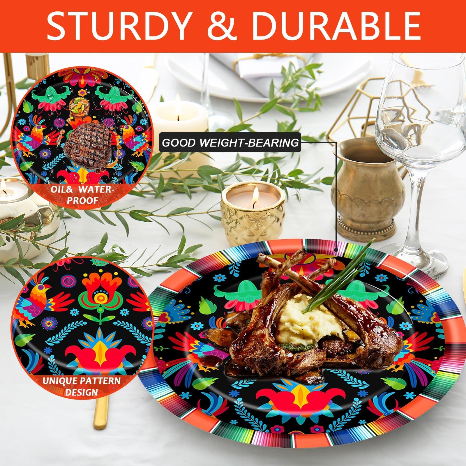 Qyeahkj 50 Stück mexikanische Fiesta-Pappteller, oval, groß, 27,9 cm, Einweg-Pappteller, Fiesta-Party-Dekorationen, mexikanische Stechapfel-Blumen-Zubehör, Gastgeschenk für den Tag der Toten, Mexiko,