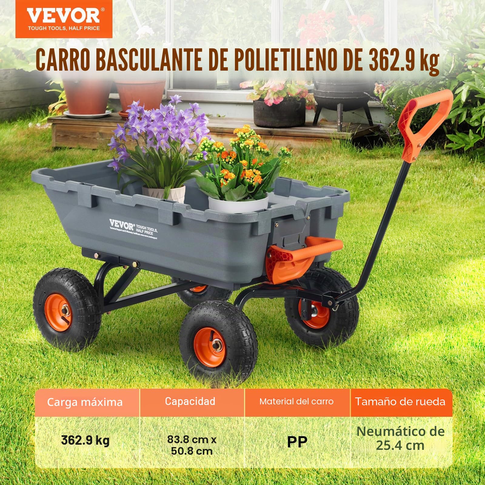 VEVOR Carro Volquete de Polietileno para Jardín con Marco de Acero Fácil de Montar, 2 en 1 Carro Volquete con Mango Convertible, Neumáticos de 255 mm, 363 kg de Gran Capacidad para Jardín, Patio