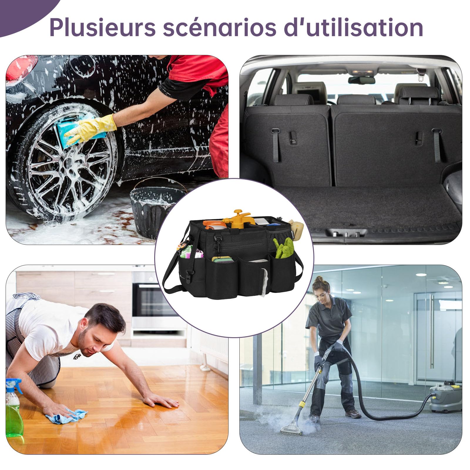 OUUTMEE Sac de Nettoyage avec Séparateurs Amovibles, Organisateur de Nettoyage Portable avec Poignées et Bandoulière Réglable, Sac Fourre-tout de Nettoyage pour Maison, Femmes de Ménage, Noir (Grande) | Organiseur portable pour produits de nettoyage, band