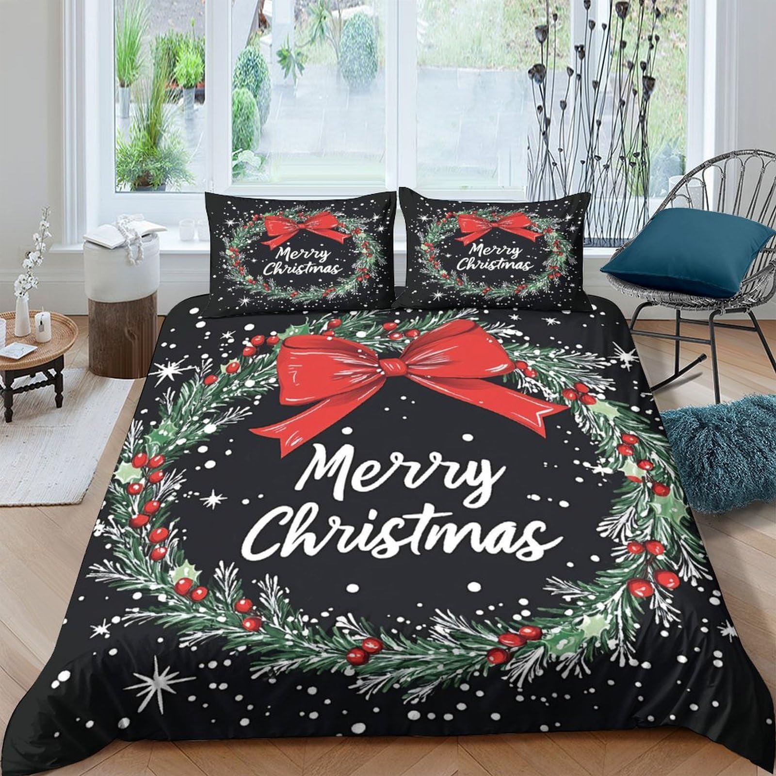 Ctjqhvkz Style-5 3D Printed Christmas Wreath Fitted Sheet Microfiber Festive Bow Bed Sheet For Bedroom Guest Room Dorm Easy Care Decor Single（135X200cm）