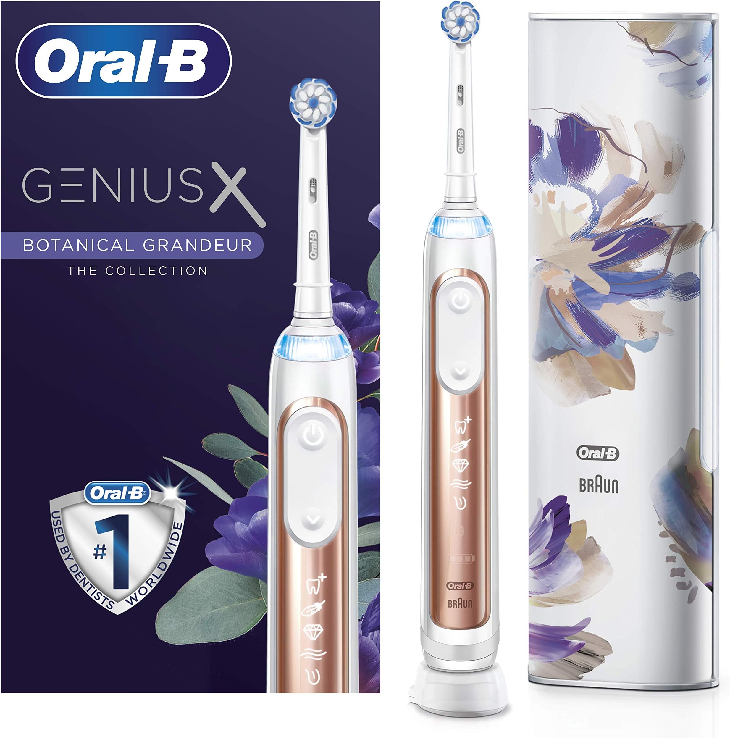 Oral-B Genius X Electric Toothbrush with Artificial Intelligence, App Connected Handle, 1 Toothbrush Head & Travel Case, 6 Mode Display with Teeth Whitening, 2 Pin UK Plug, Floral Rose Gold