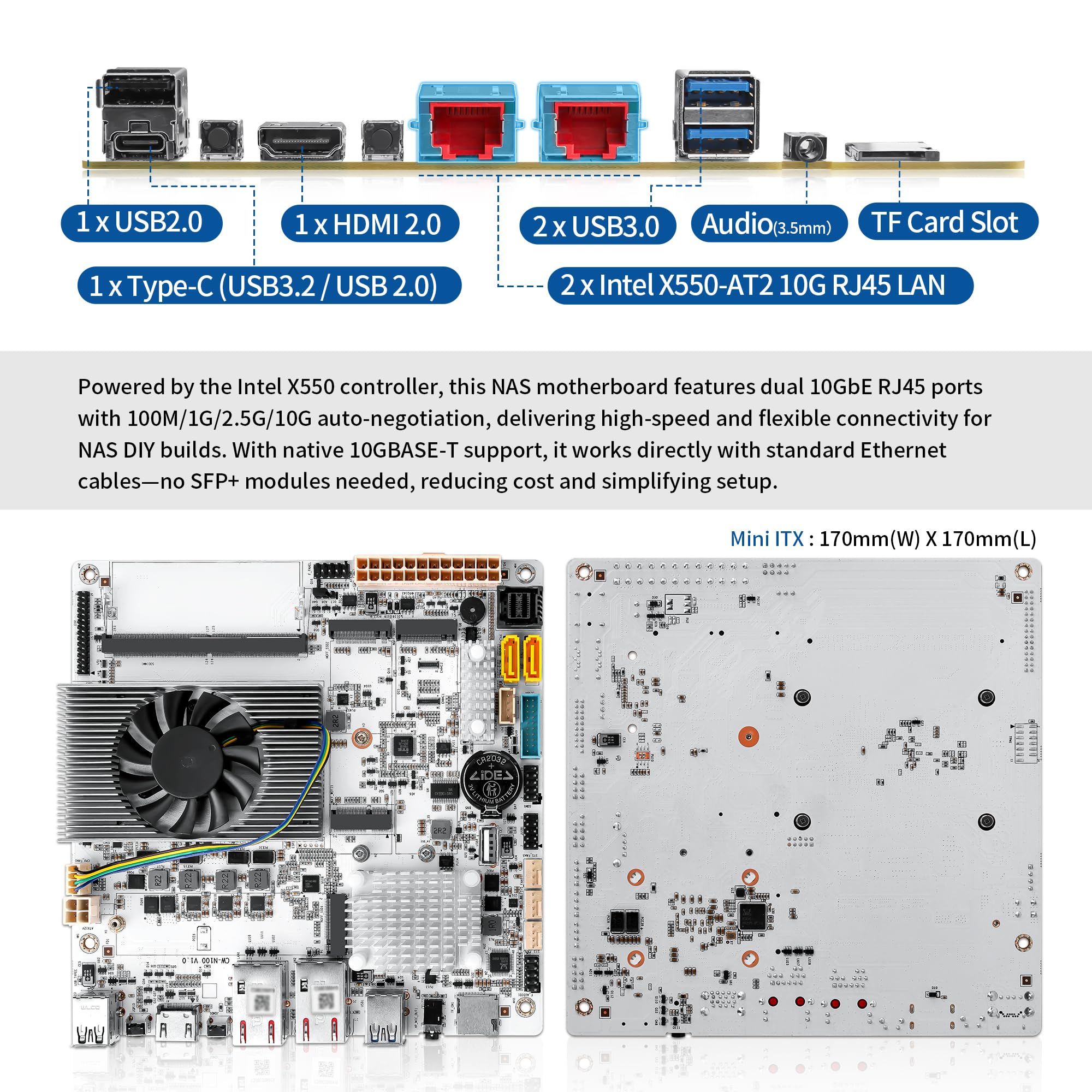 SJRC 6 Bay NAS Motherboard Mini ITX, N150 CPU(N100 Upgraded), White Placa Madre Barebone with Dual 2.5GbE i226-V LAN, 2X M.2 NVMe, 6X SATA3.0, DDR5, PCIe 3.0 x4, TF (No RAM/SSD)