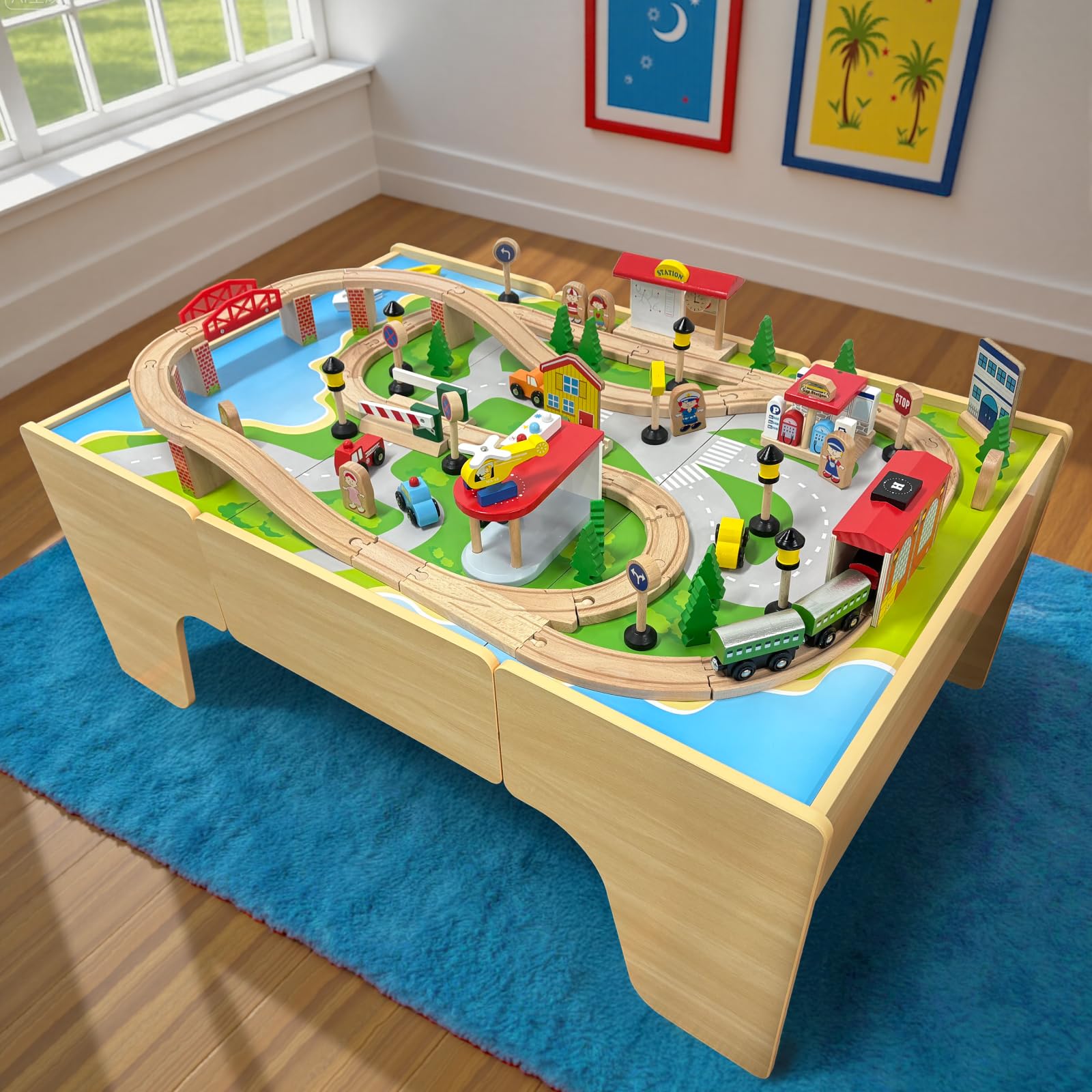 (Extra Track Pieces) Wooden Train Set & Table for Toddlers, Reversible Activity Table with Storage Drawer, Compatible with Thomas, Birthday Gift for Kids Ages 3-7