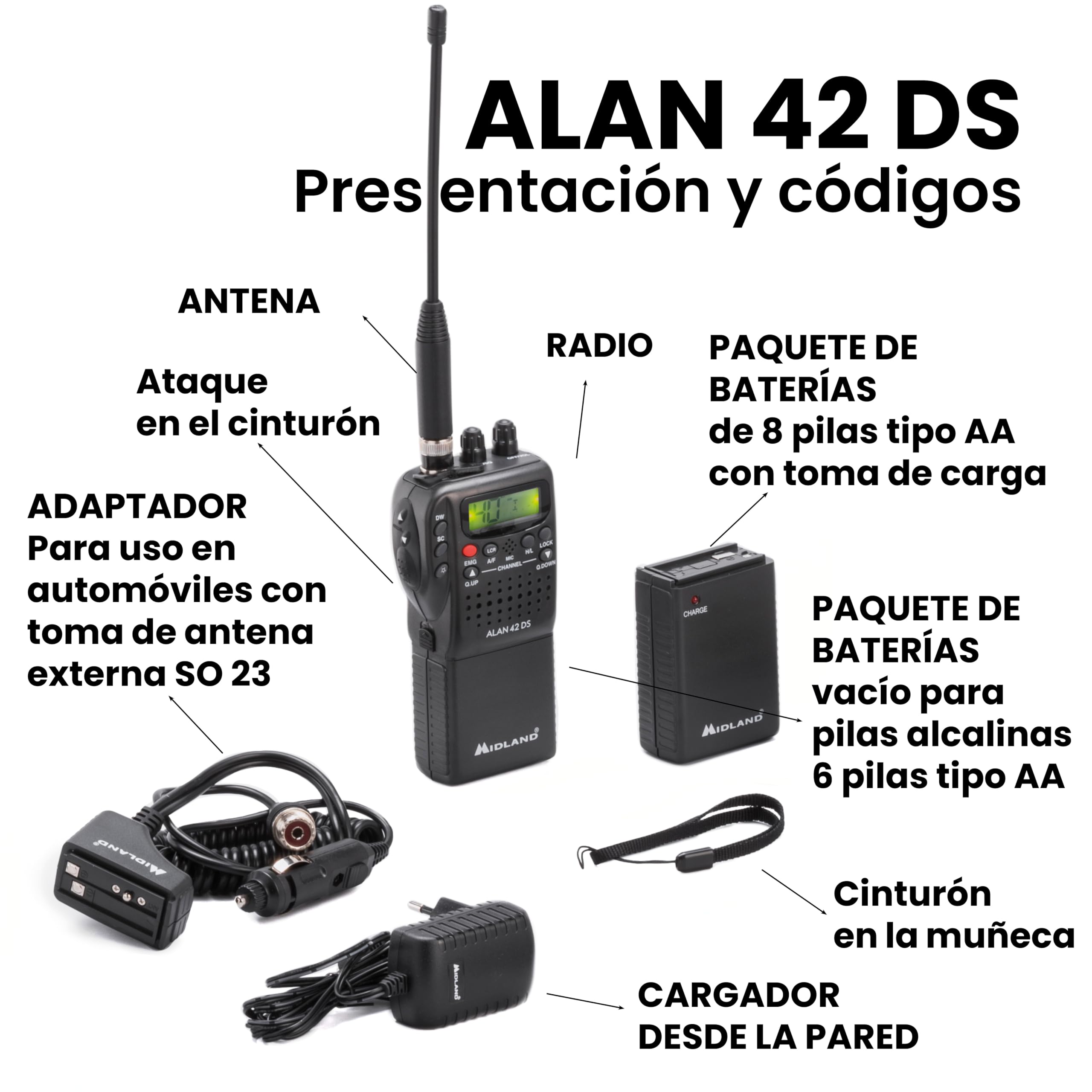 Midland - Emisora CB, Radioaficionado Portátil Sin Licencia Alan 42 DS, Multi Banda para Todos los Países UE, Squelch Digital, Radios Profesionales AM/FM, Conexión 2 Pin, Antena y Otros Accesorios | Multi Banda para Todos los Países UE, Squelch Digital, A