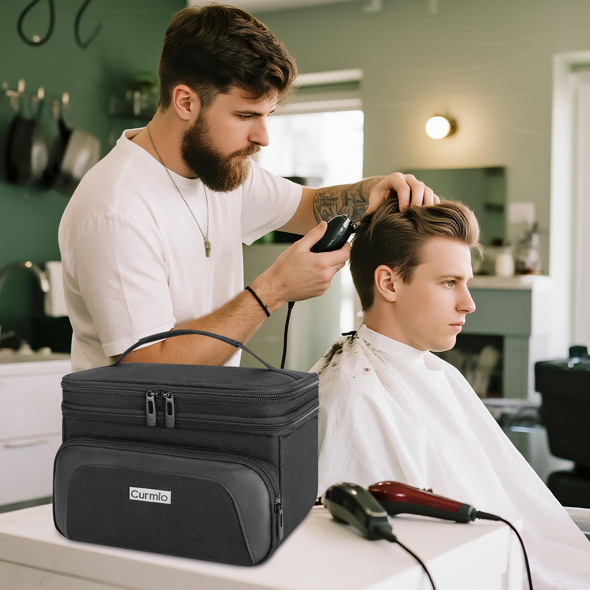 CURMIO Sac de Transport pour Tondeuse à Cheveux, Double Couche Étui Organisateur Compatible SUPRENT/Hatteker/Wahl, Noir