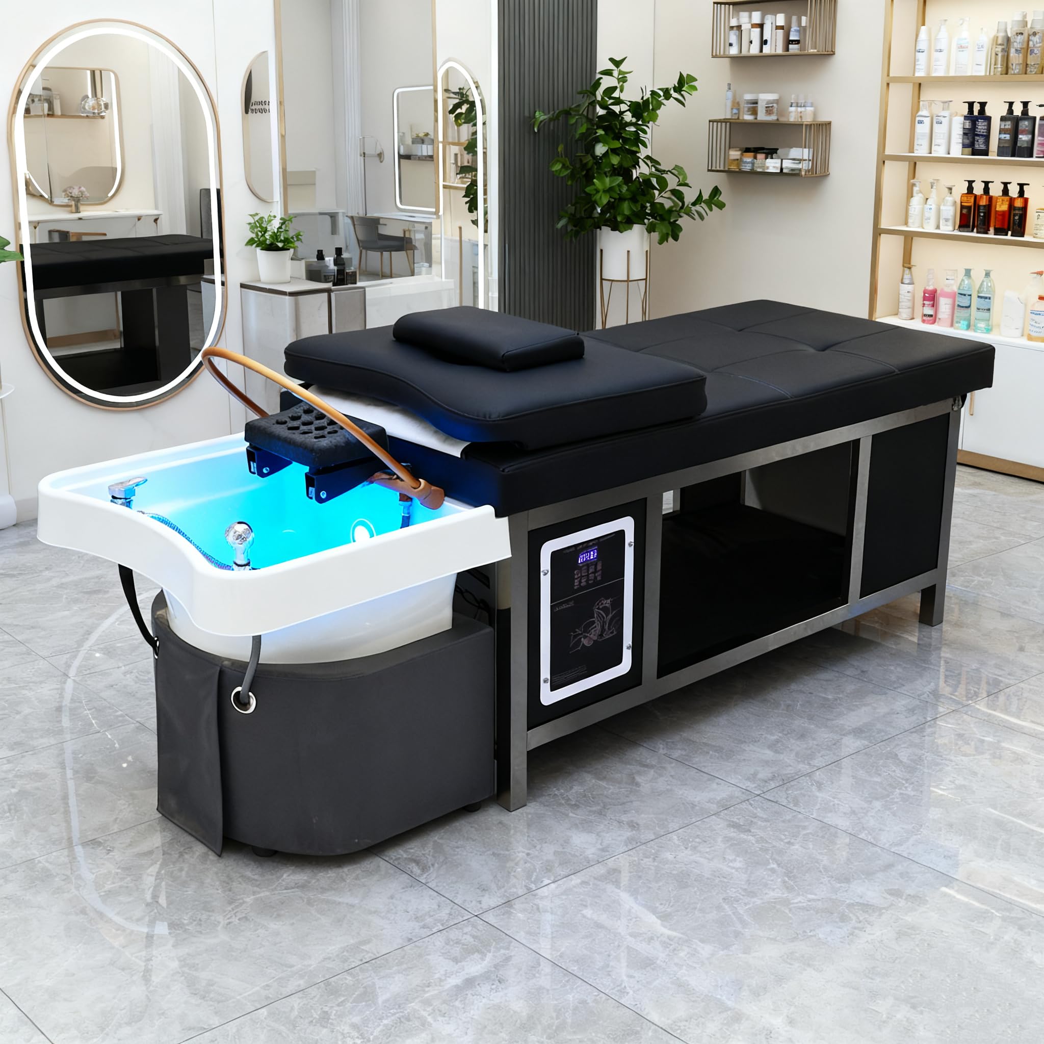 Lettino Professionale per Spa Del Cuoio Capelluto, Tavolo per Shampoo Giapponese con Vaporizzatore E Sistema Di Circolazione Dell'Acqua, Stazione per Massaggi E Cura Del Cuoio Capelluto per