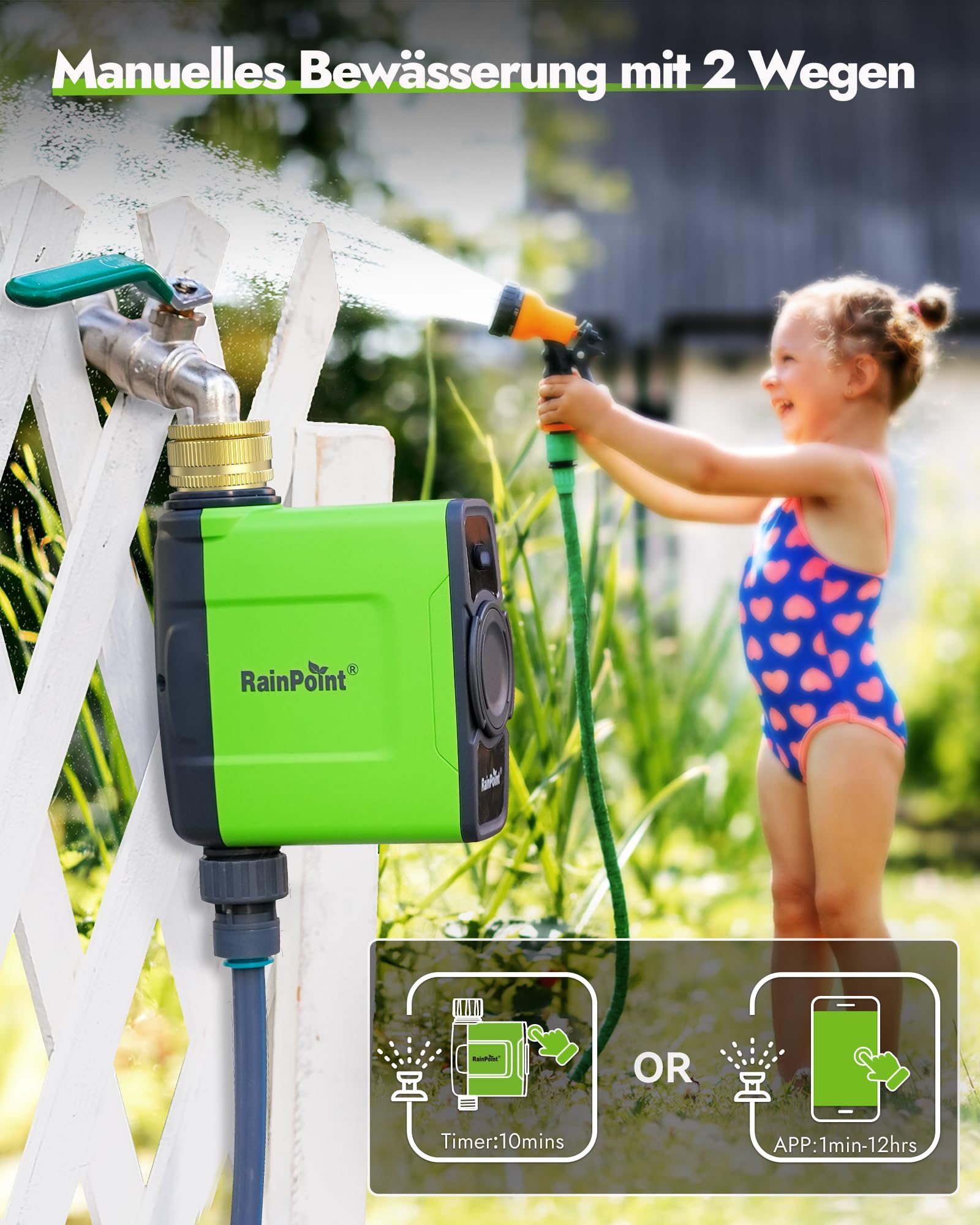 RAINPOINT Programador Riego WiFi sin Puerta Enlace de Antena, Debe Utilizarse con la Puerta de Enlace HWG023/HWG040 (Solo 2,4 GHz), Entrada y Salida de Latón, IP65 Temporizador Riego, 6 Horarios