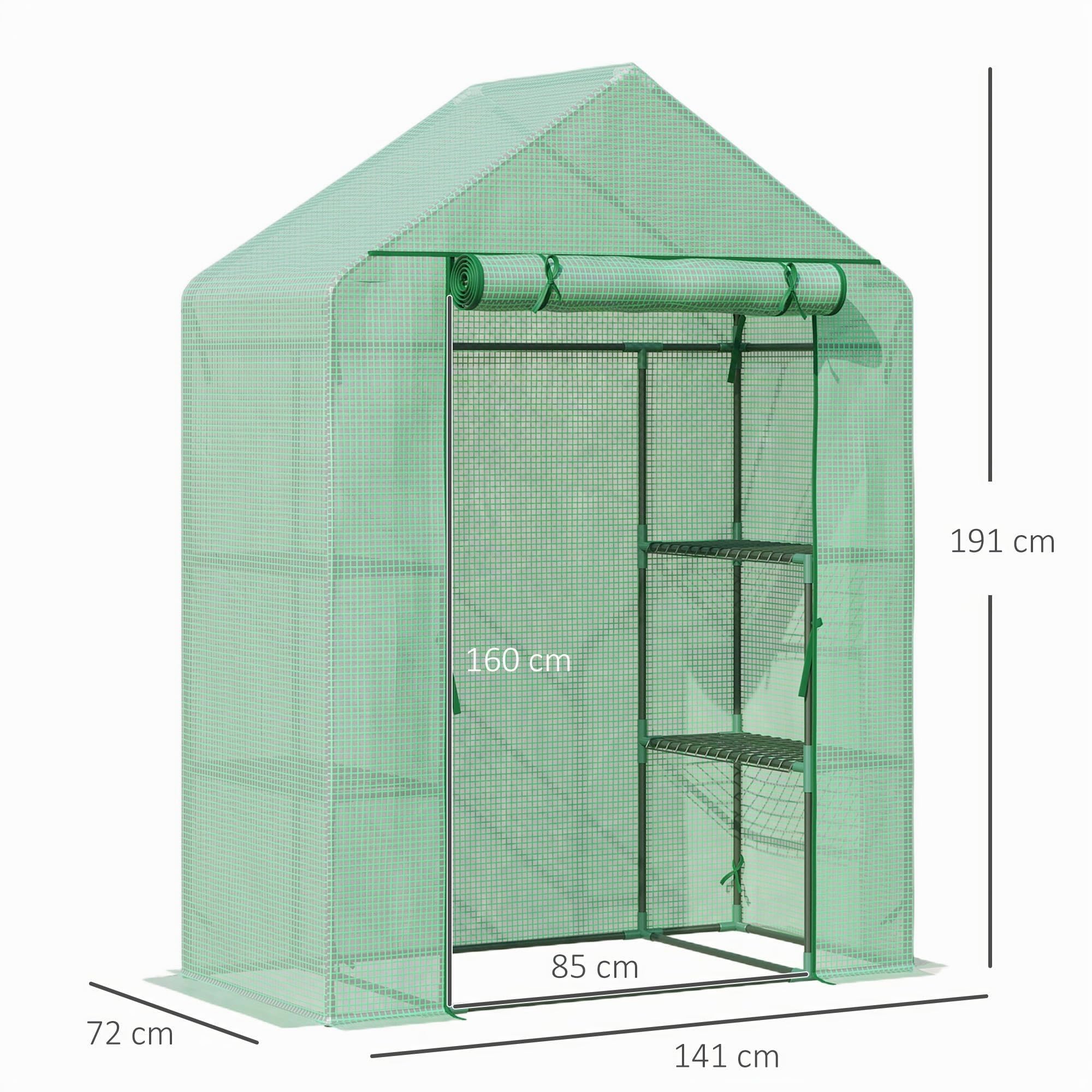 Outsunny Invernadero de Jardín con 4 Estantes 141x72x191 cm Verde | Puerta Enrollable, Cubierta de PE 140g/M², Marco de Acero, para Cultivos Plantas Macetas Flores