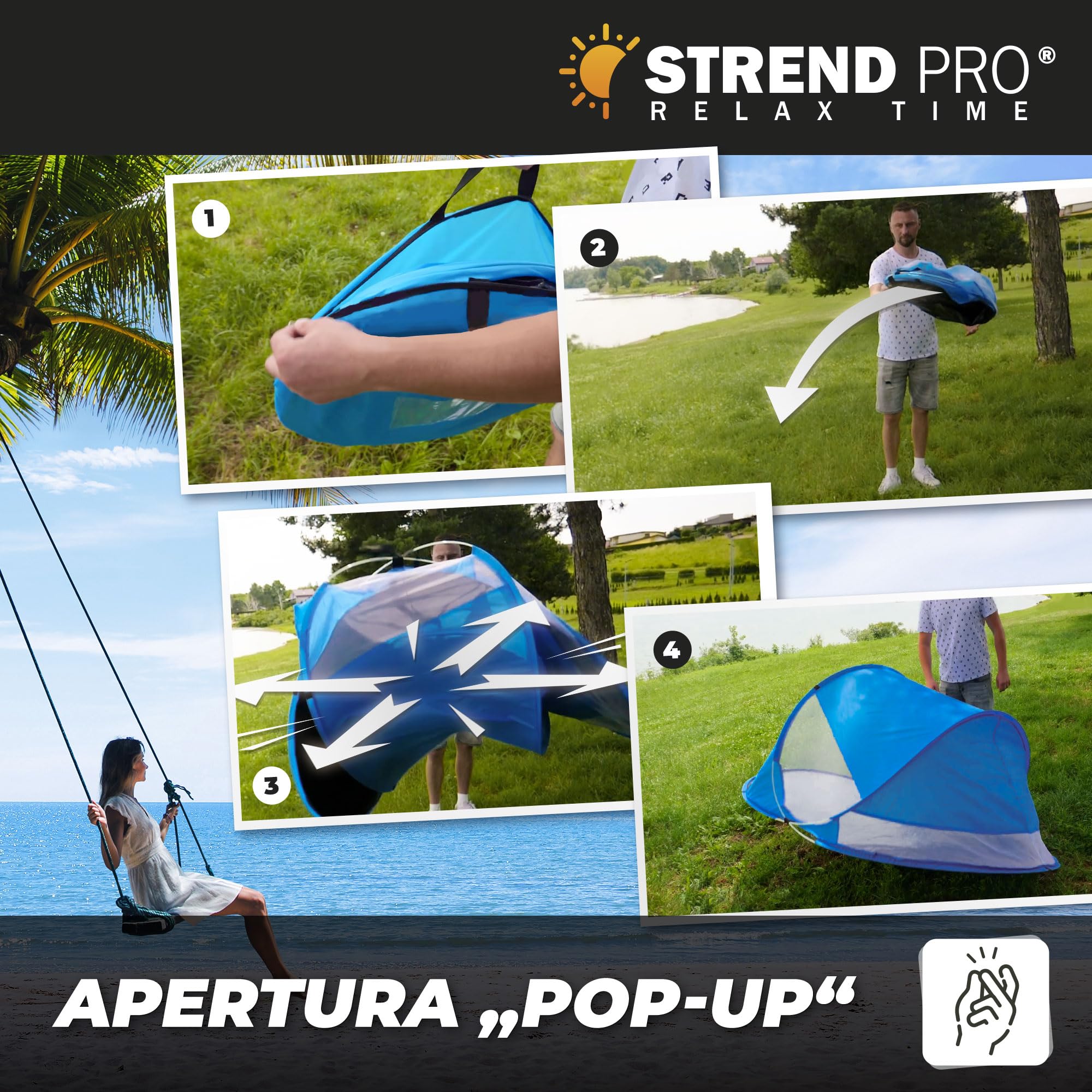 STREND PRO Mini tenda pop-up 190x120x90 cm – Piccola tenda da spiaggia, tenda a lancio con protezione UV, per bambini, giardino, parco e spiaggia