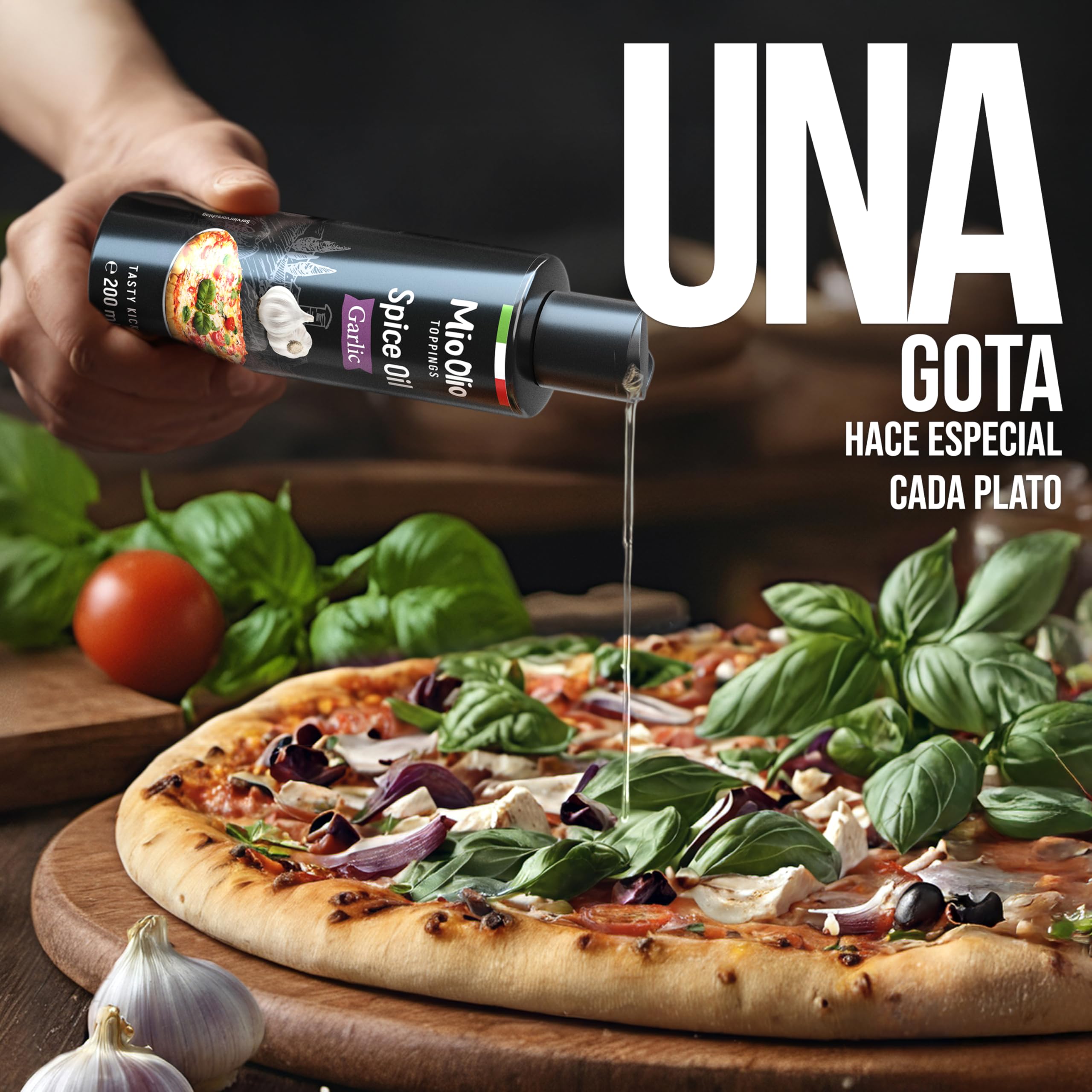 Mioolio 200 ml Aceite de Ajo - Aceite Aromático para Pizza, Pasta, Verduras y Carne - Sin Conservantes, Sin Gluten