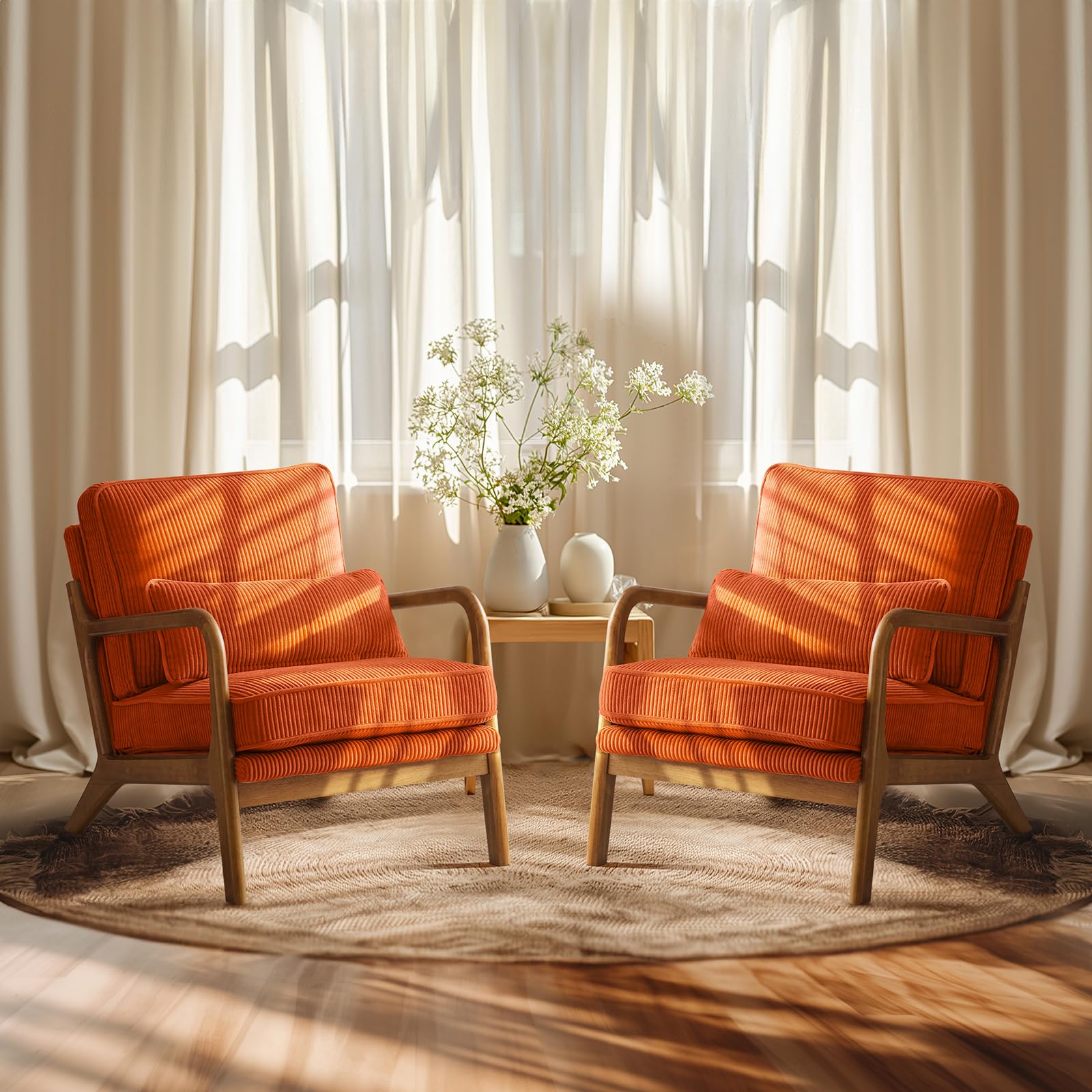 Bonnlo Sillón Butaca Individual de Salón, Estilo Nórdico Retro, Tapizado de Pana Acanalada Suave, Estructura de Madera Maciza, Cojín Incluido, 65×80×78 cm, Carga Máxima 150 kg (Naranja)