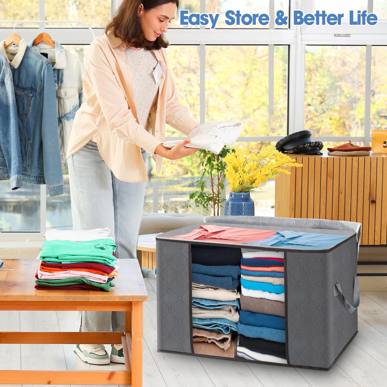 AIOR 6pcs Scatole per Armadio Salvaspazio, 90L Grande Capacità Borsa Porta Abiti con Finestra Trasparente, Pieghevole Traspirante Organizzatore Borsa per Trapunte, Coperte, Biancheria da Letto