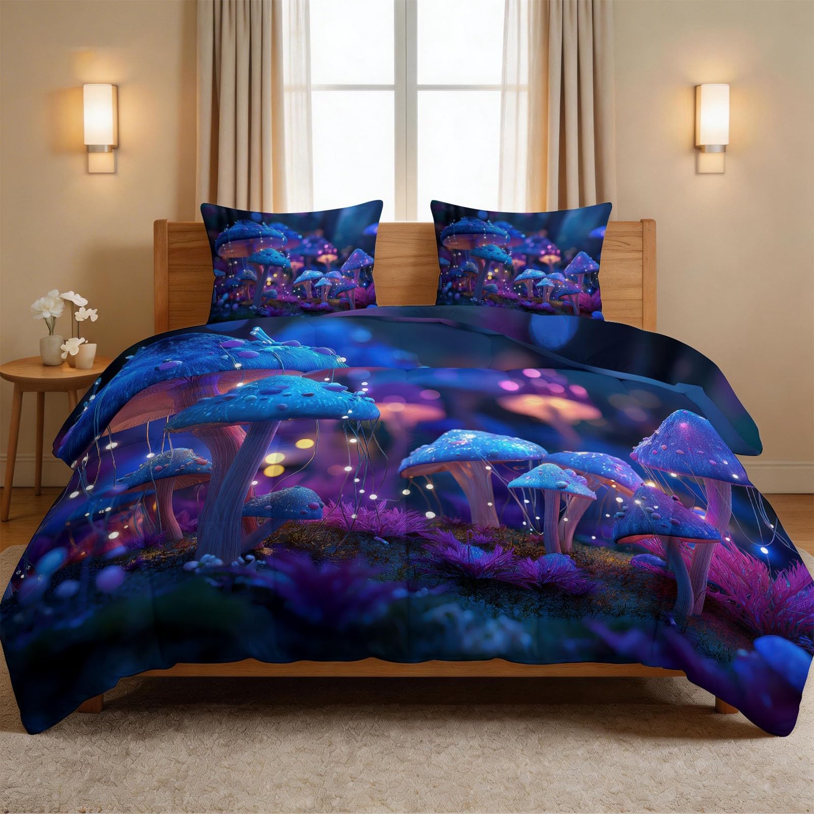 Kołdra 4 pory roku 220 x 240 cm, fantastyczna kołdra leśna na łóżko dla 2 osób, roślina grzybkowa fluorescencyjna niebieska dwustronna kołdra bez rękawów, lekka kołdra z 2 poszewkami na poduszki