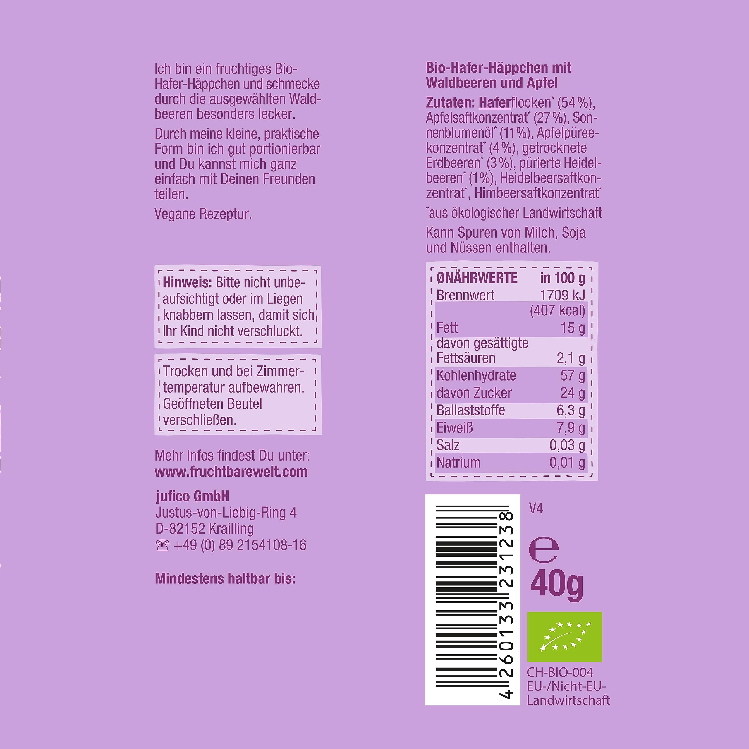 FruchtBar Bio Hafer Häppchen mit Waldbeeren, Apfel, Hafer, 10er Pack, zuckerfreier Kinder-Snack, für Babys ab 12 Monaten & Kinder, 10x 40g