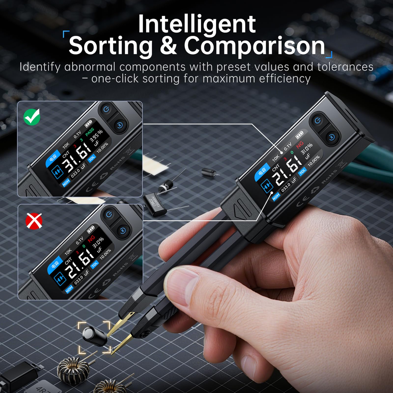 LCR Messgerät LCR-ST2, 2-in-1 LCR Meter Pinzette, LCR/ESR Meter, LCR-Messpinzette, 100kHz digitales Multimeter für SMD Automatischer Sequenzvergleich Widerstand Induktivität Kapazität Bauteilprüfung