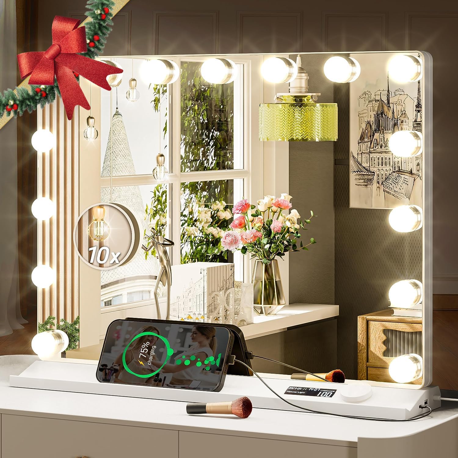 QueenFun Vanity Mirror with Lights, 23x18 Hollywood Makeup Vanity Mirror with Lights & Charging Ports, Upgraded Dimmable Tabletop Lighted Mirror with Knob Button, Time Display & Phone Holder Base 18x23IN
