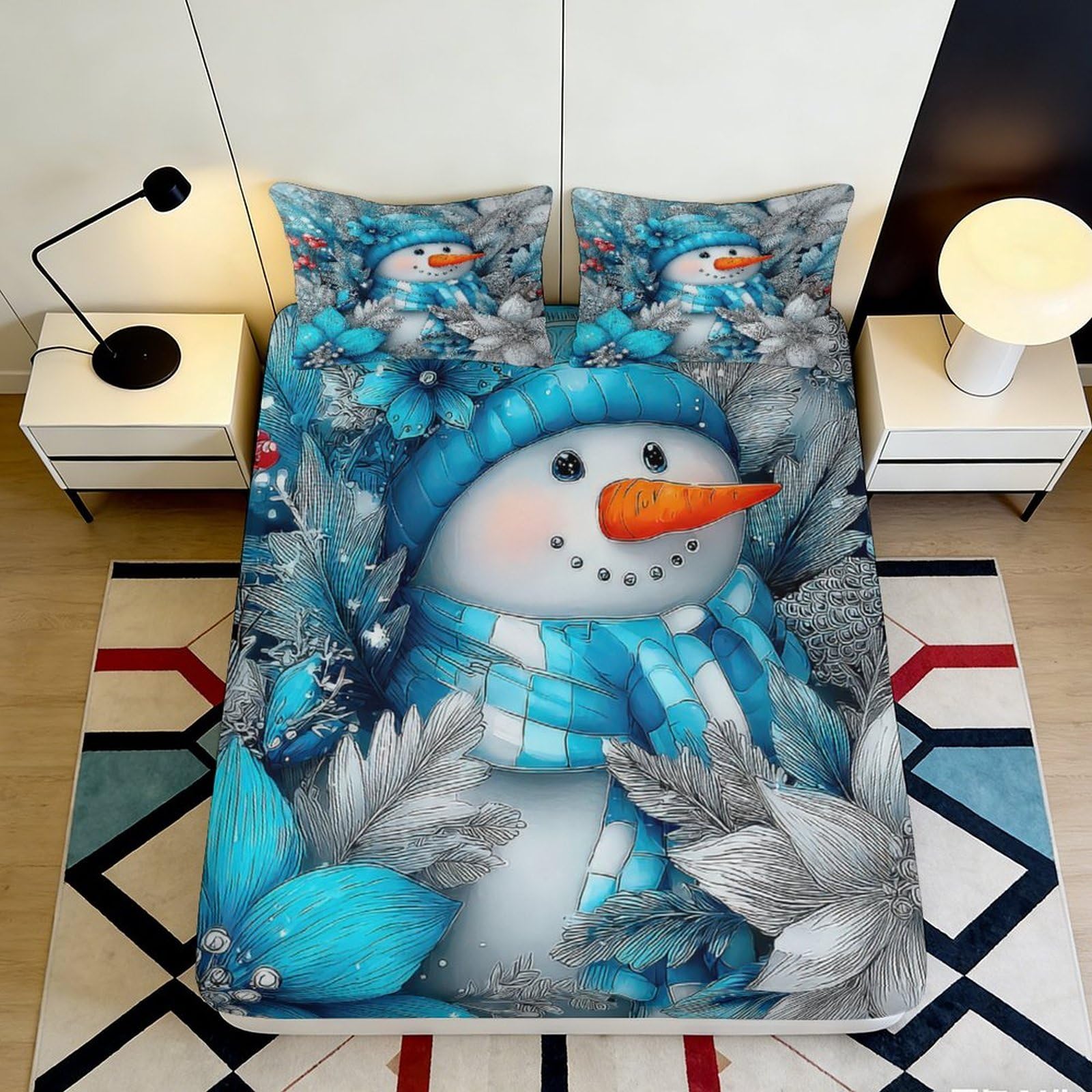 3D Printed Snowman Fitted Sheet Microfiber Non-Slip Deep Pocket Snowman Mattress Fitted Cover Washable for Bedroom 200x200x25cm