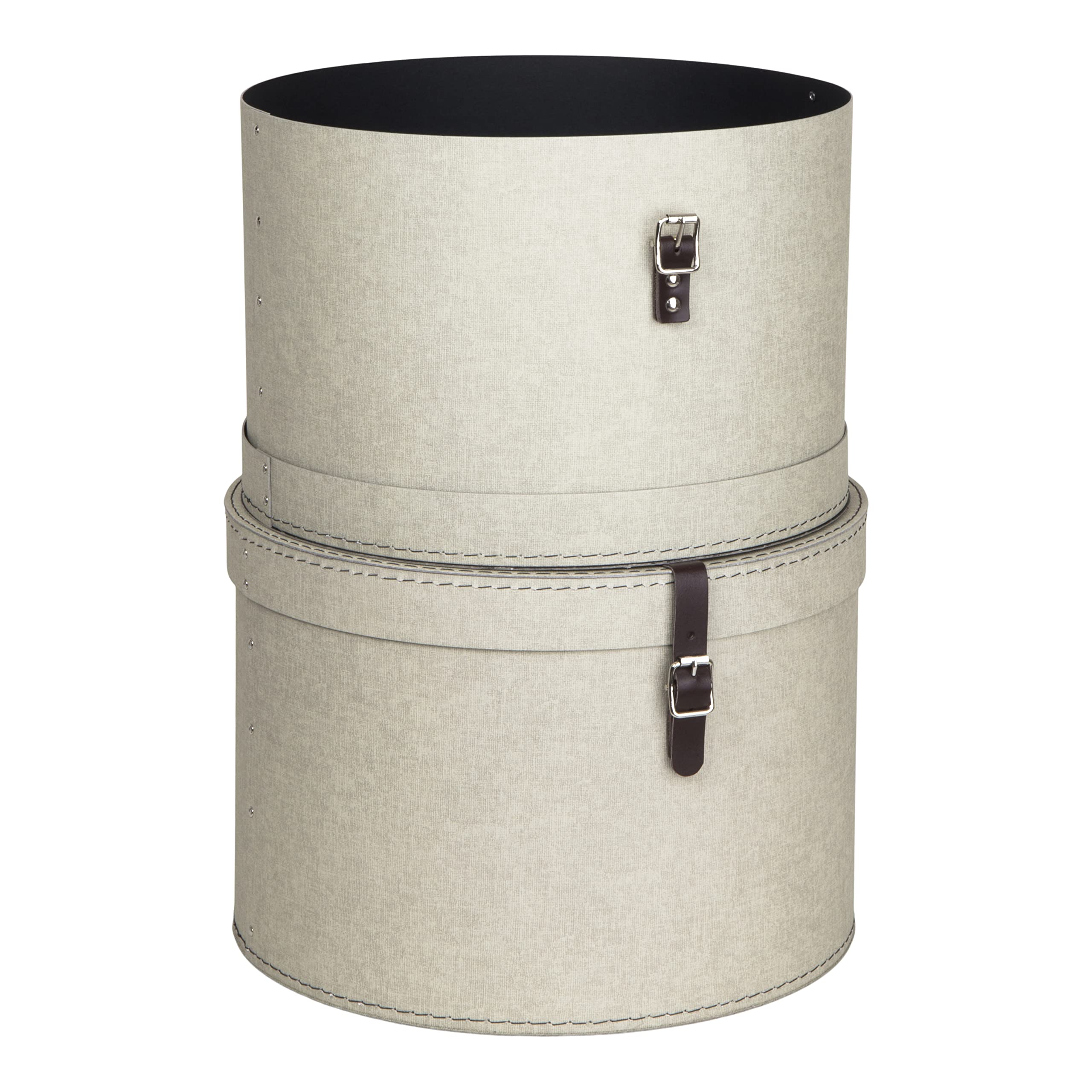 Bigso Box of Sweden Juego de 2 Cajas Redondas de Distinto Tamaño – Cajas con Tapa y Correa de Cuero – Caja Sombrerera de Tablero de Fibras y Papel con Aspecto de Lino - Beige