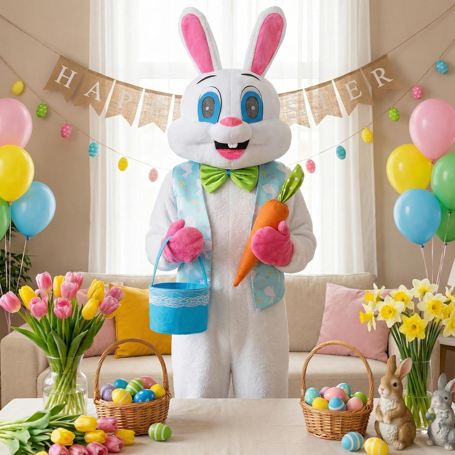 Easter Bunny Costume with Vest and Green Bow Tie, Adult Size Rabbit Character Suit for Events and Parties