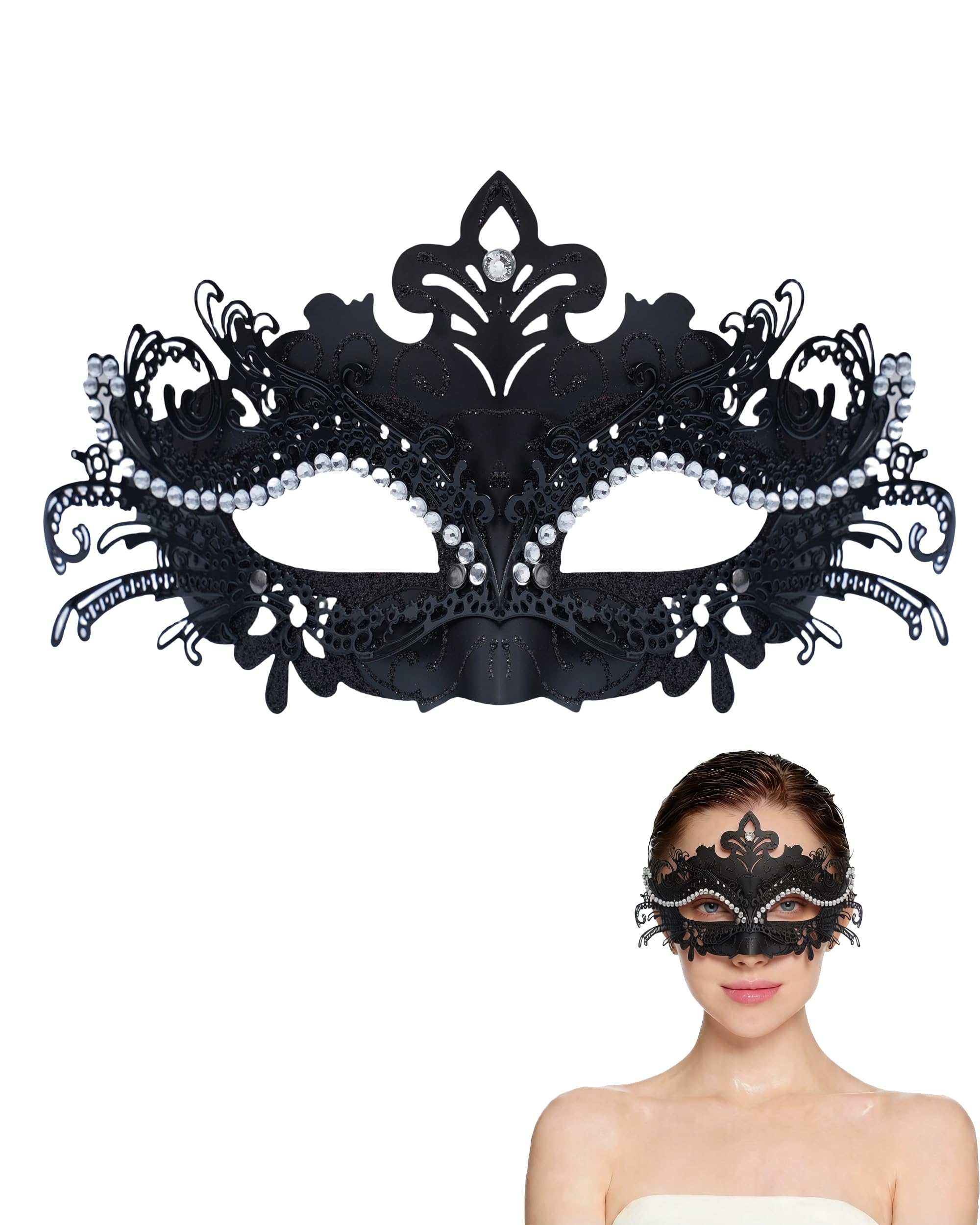 HeHeGe Masquerade Mask for Women Metal Shiny Rhinestone Venetian Mask Prom Mardi Gras Ball Wedding & Halloween Party (black)