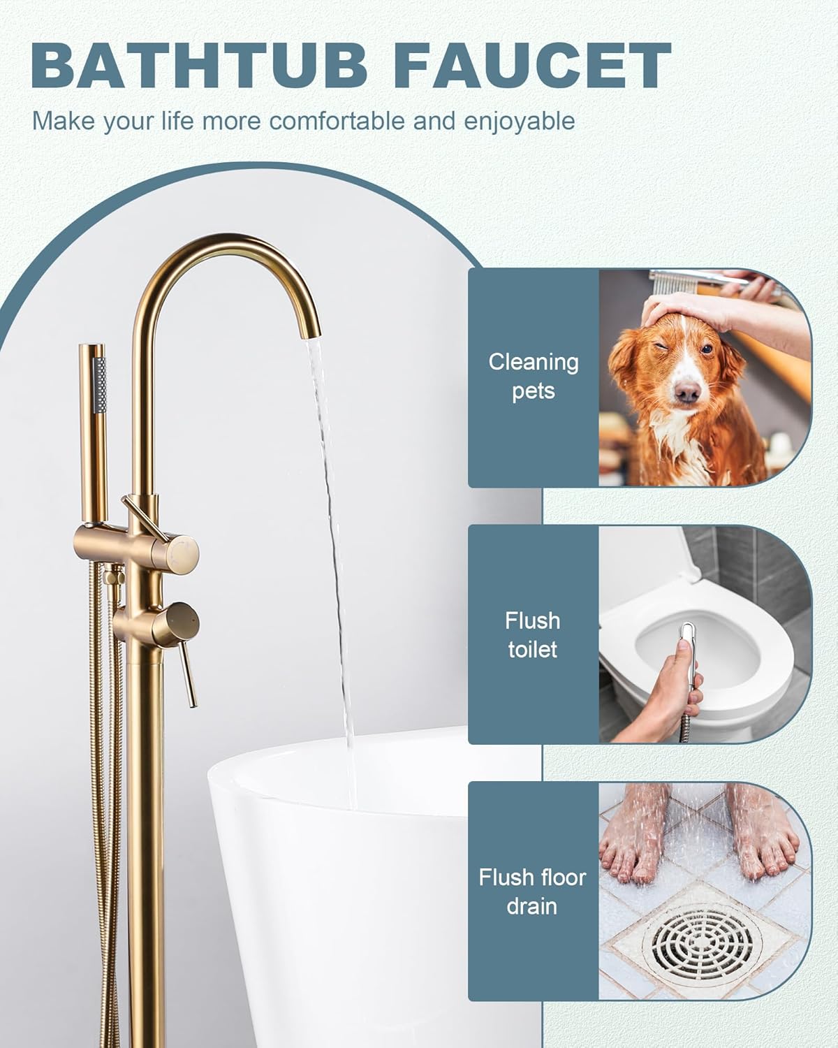 Freestanding Bathtub Faucet Brushed Gold, Floor Mount Tub Filler, High Flow Brass Shower Faucets with Handheld Sprayer for Bathroom - Image 5