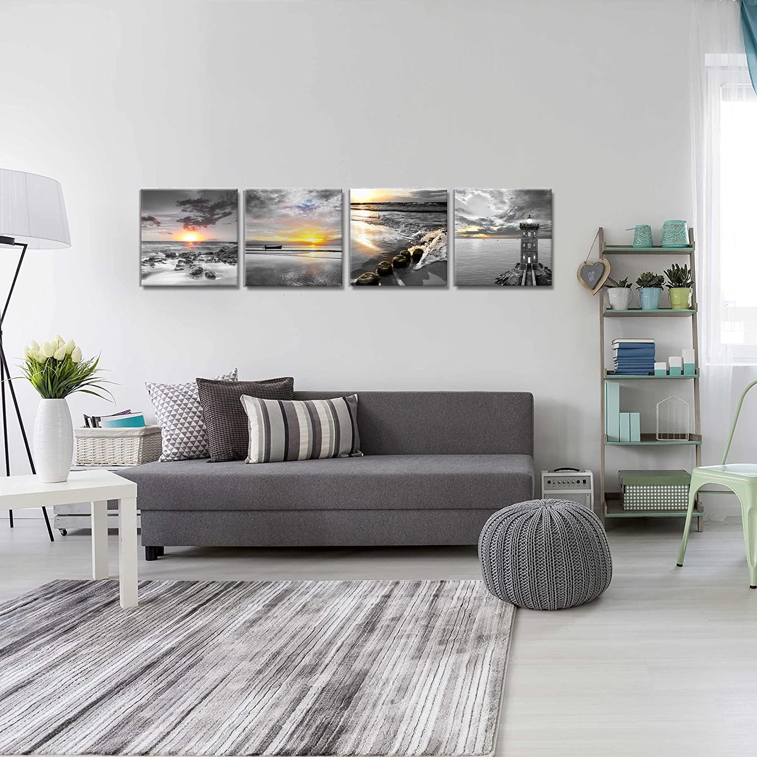 Bamdeya Black and White Gold Beach Wall Art Sea Sunrise Scenery Picture Canvas Print Framed Seascape Painting for Living Room Bathroom Wall Decor Home Decoration