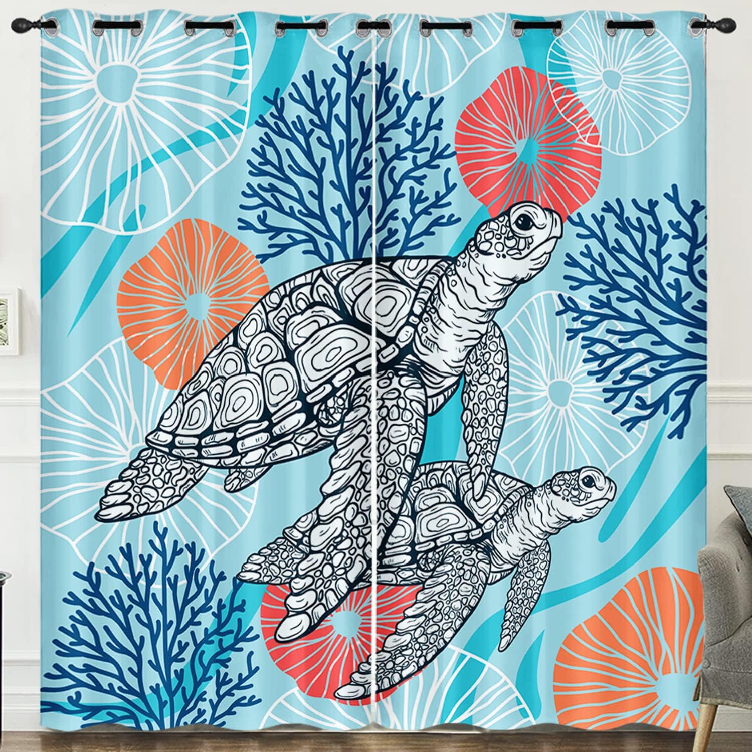 HOSIMA Sea Turtle Curtains,Cute Cartoon Coral Jellyfish Starfish Pattern Coastal Curtains Beach Room Decor,Ocean Theme Bedroom Curtains Kids Room Decor Fabric 2 Panels,38W*54H