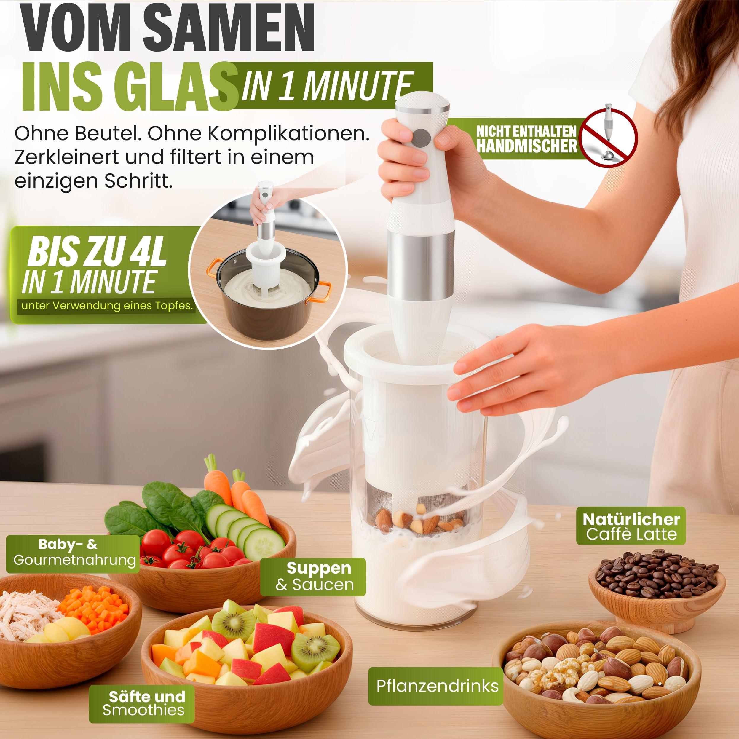 Vegan Milker Classic Pflanzenmilchbereiter Maker - Pflanzenmilch Machine Mandelmilch, Sojamilch und Reis | 1L in 1 Minute 100% Natürlich mit Filter | Kompatibel mit Stabmixer | Klassisch Weiß