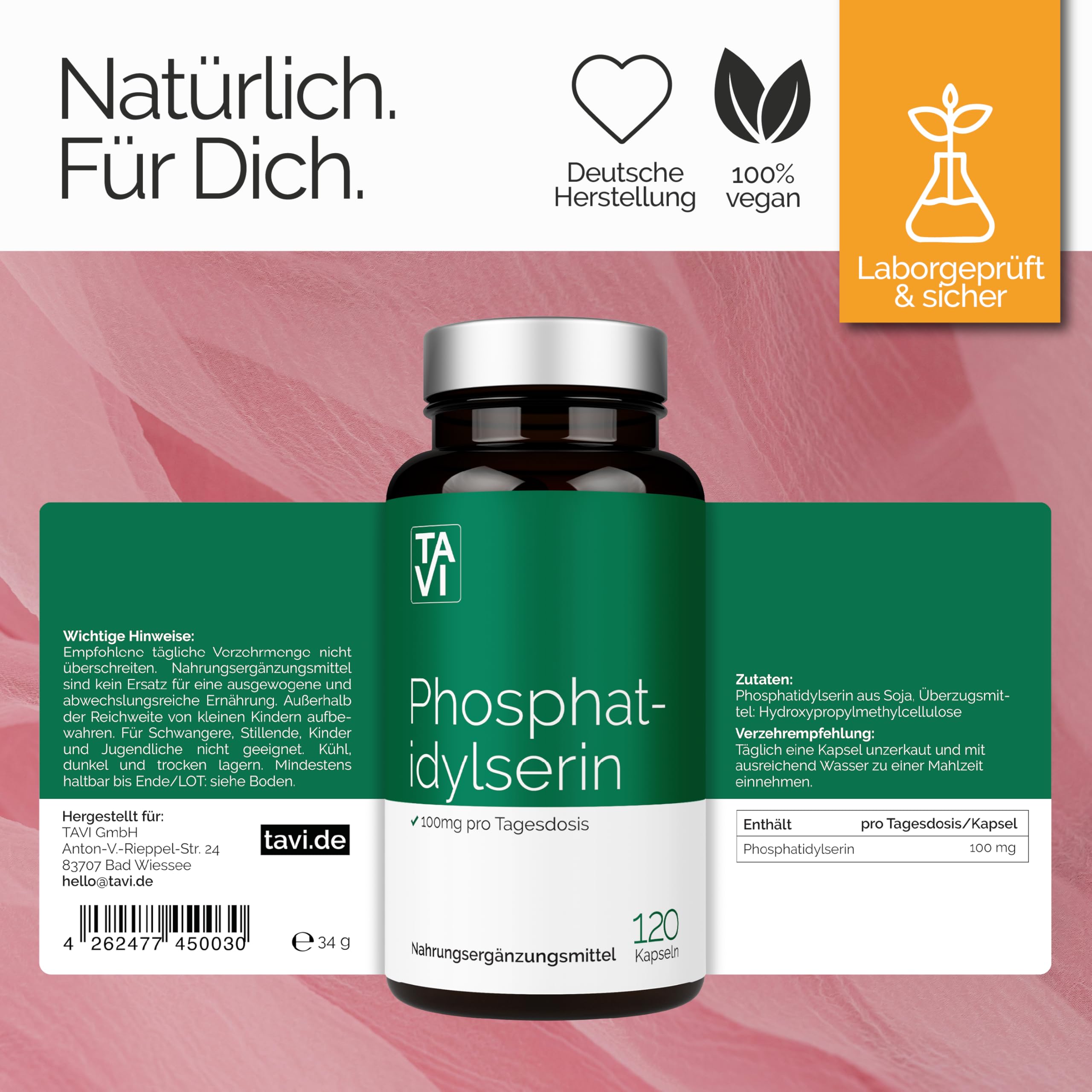 TAVI® Phosphatidylserin • 120 Kapseln x 100mg • ohne Zusatzstoffe | Hergestellt und laborgeprüft in Deutschland