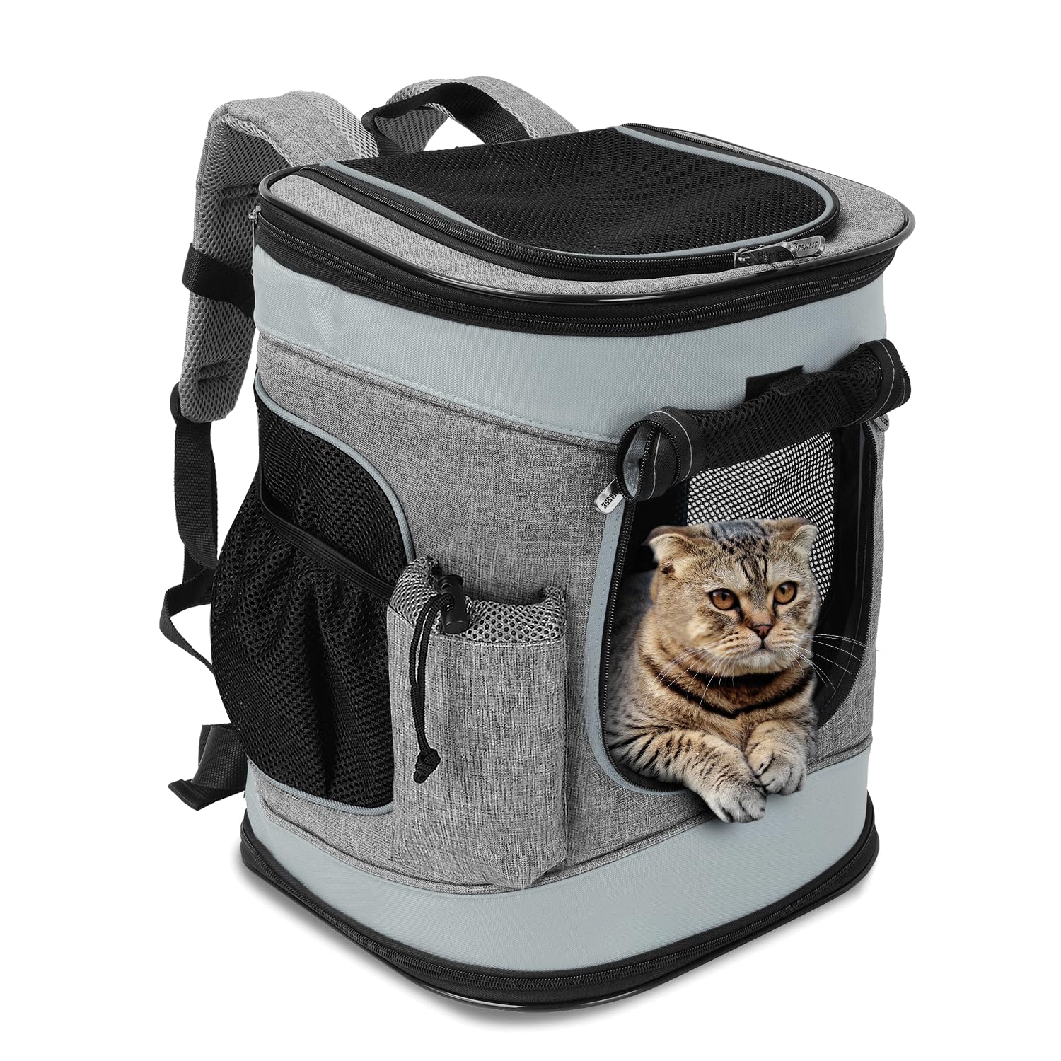Katzenrucksack Hunderucksack bis 6.8KG, Faltbare Haustier Tragetasche mit Innerer Sicherheitsleine und Matte für Katzen und Hunde, Grau