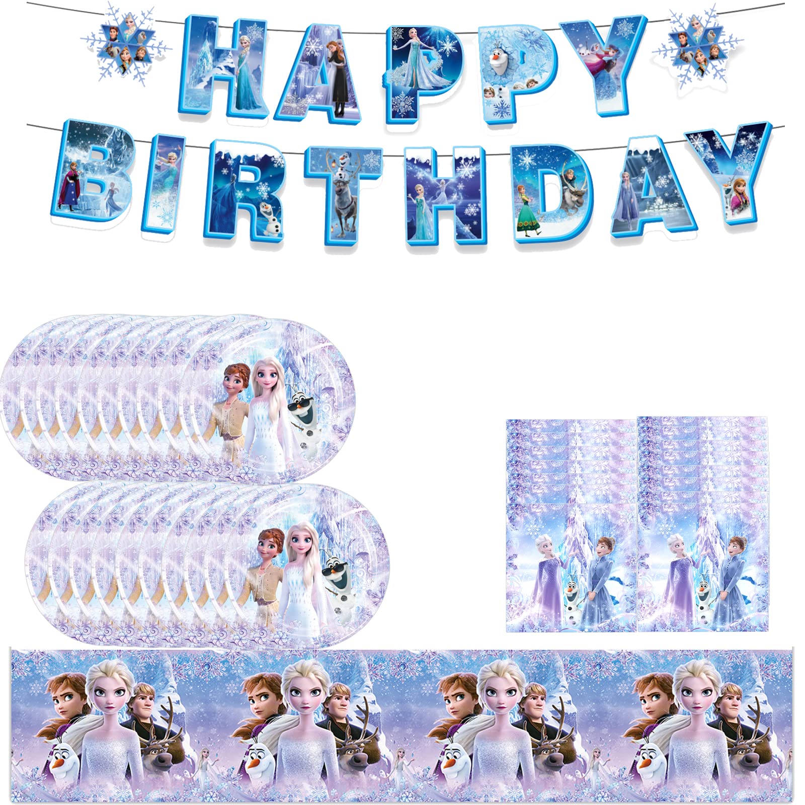 Pricess Elsa Birthday Party Supplies, Ice Princess Party Tableware with Happy Birthday Banner, Tablecloth, Disposable Paper Plates with Napkins for Kids Girls Party Decorations