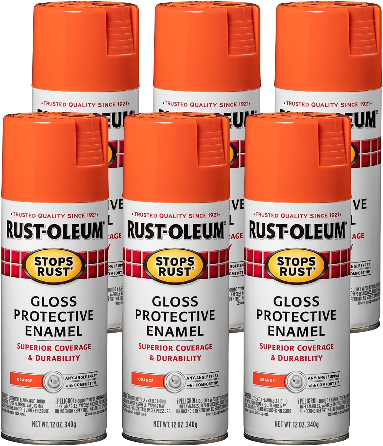 Rust-Oleum 214084-6PK Stops Rust Spray Paint, 12 oz, Gloss Orange, 6 Pack
