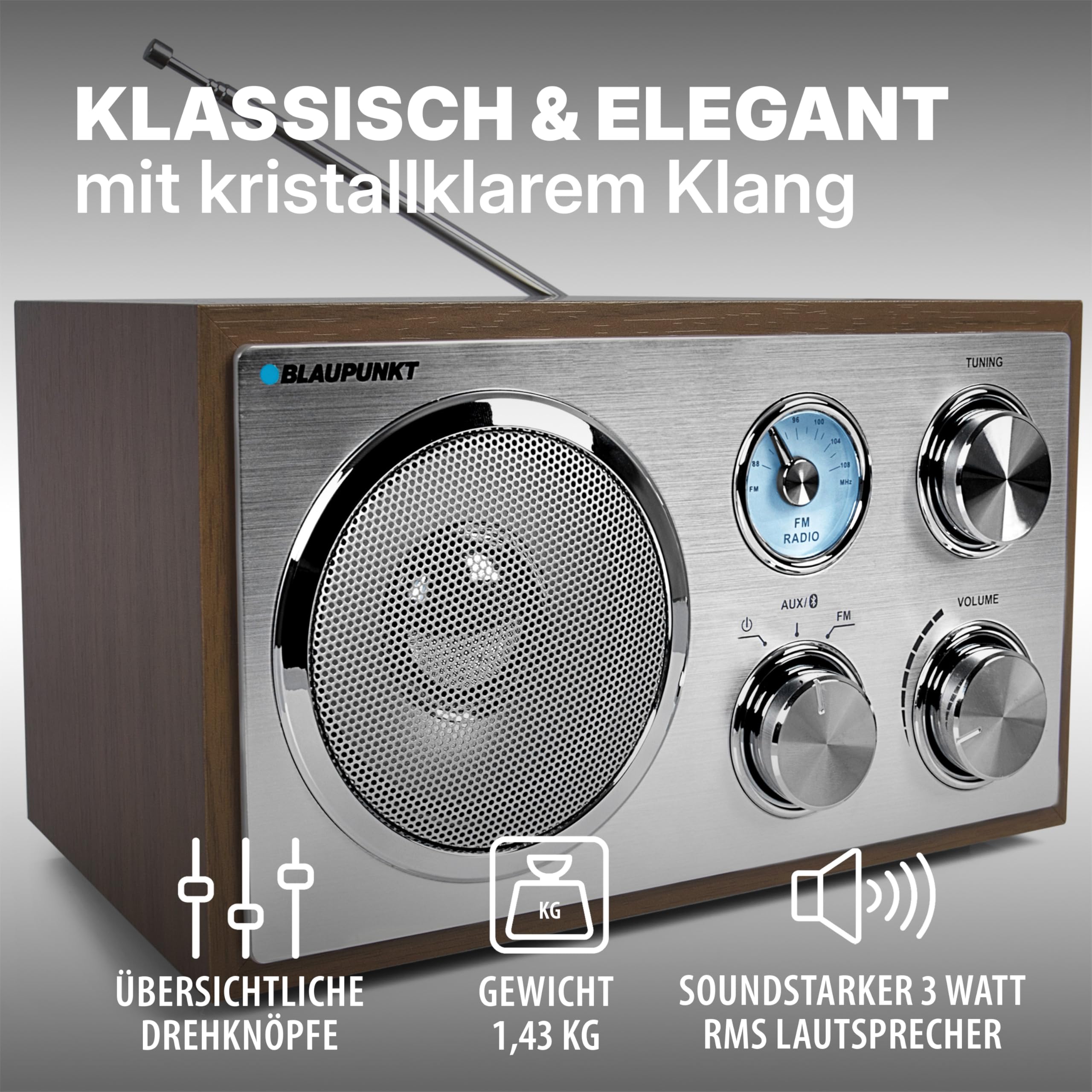 Blaupunkt RXN 180 Nostalgieradio in zeitlosem Holz-Design, mit PLL-UKW-FM-Radio, Bluetooth, AUX-IN, einfache Bedienung, hochwertige Drehregler & Holzkorpus für kraftvollen Klang, Walnuss