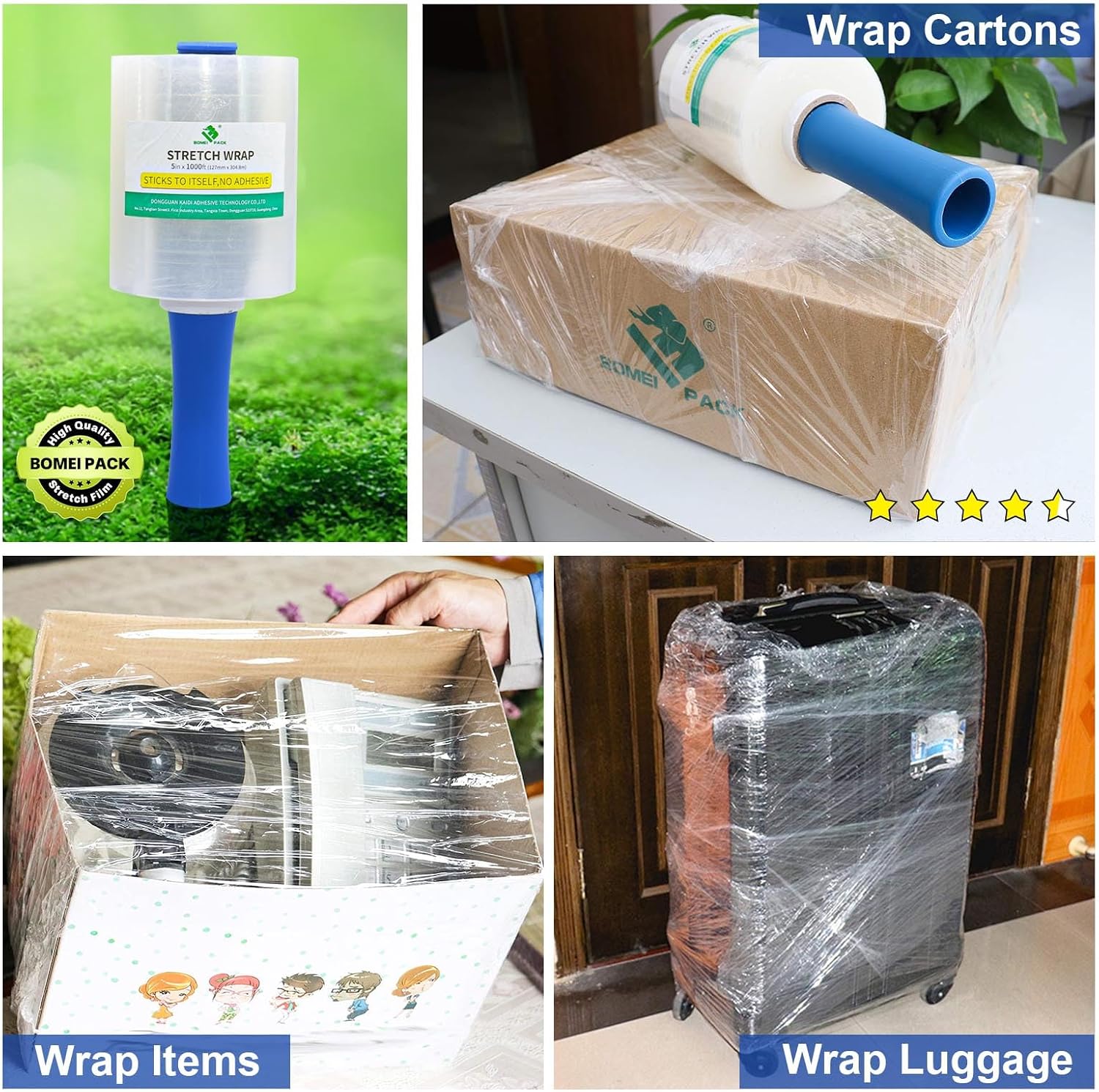 BOMEI PACK 3Pack Industrial Mini Clear Stretch Wrap Film, 5inch x 1100ft for Pallet Wrap with Plastic Handle, Heavy Duty Shrink Film for Packing, Moving, Packaging, 80 Gauge