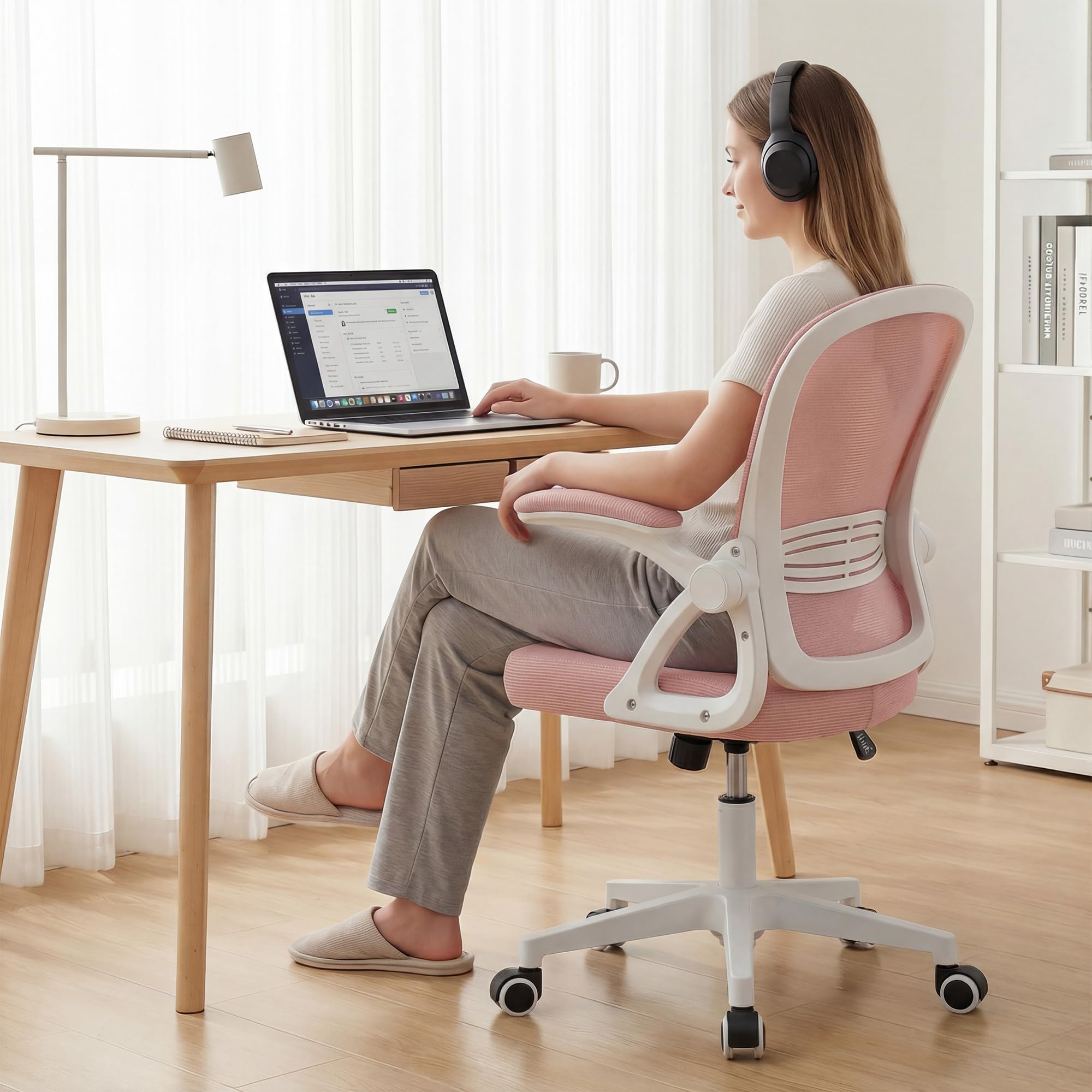 Ergonomischer Bürostuhl, 90-110° Verstellbare Rückenlehne & Aufklappbare Armlehnen (90°), Bürostuhl mit Rollen & Höhenverstellung,Homeoffice & Arbeitszimmer (Kirschblütengrau)