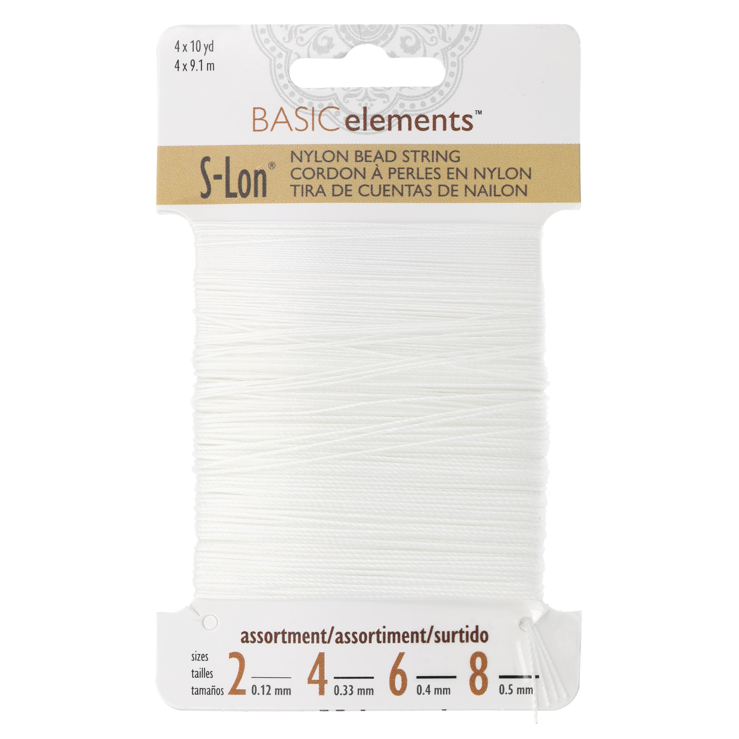 The Beadsmith White S-Lon Nylon Beading Thread – 4-Size Assortment Card (0.12 Mm, 0.3 Mm, 0.4 Mm, 0.5 Mm), Color, 10 Yards (9.1 M) Each, Strong & Flexible Stringing Cord