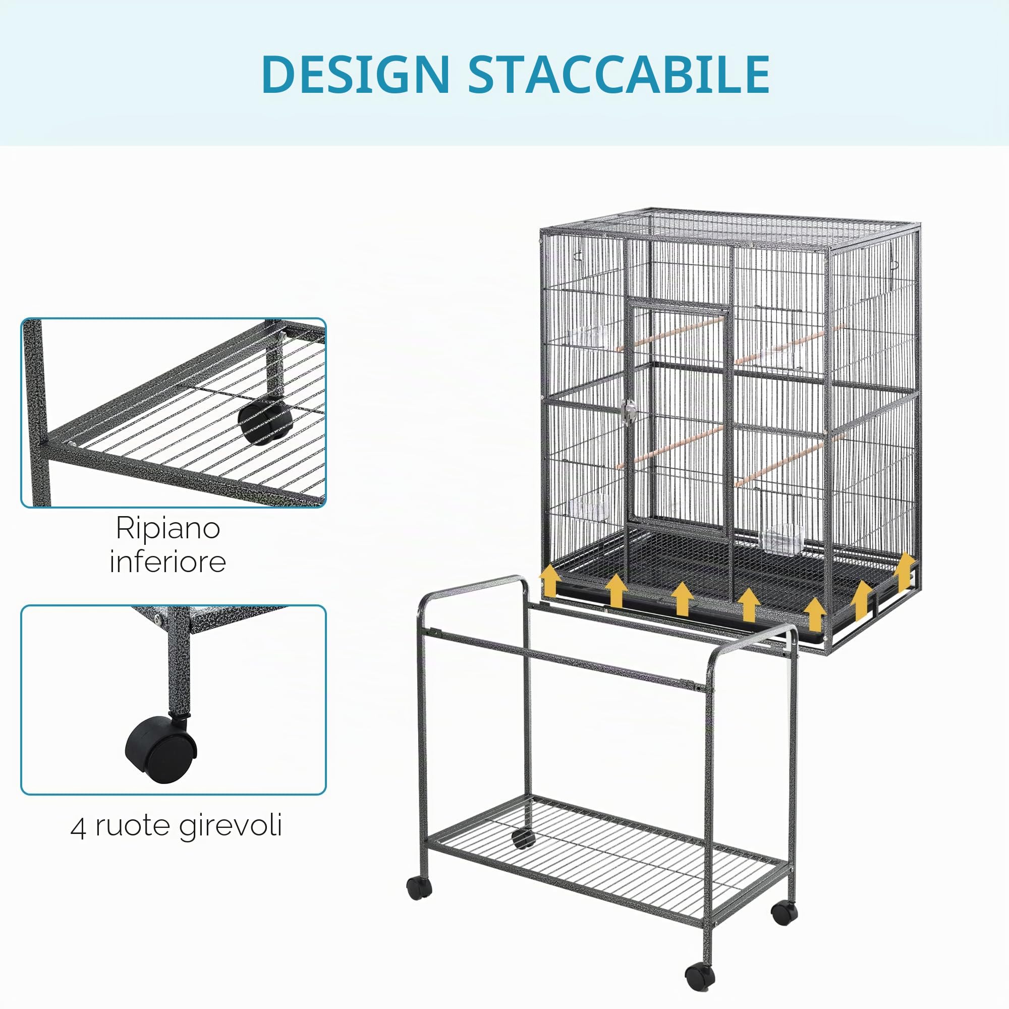 PawHut Gabbia per uccelli, portatile, gabbia per uccelli, con 4 mangiatoie e 4 posatoi pratici, 77 x 47 x 163 cm, colore: nero e grigio
