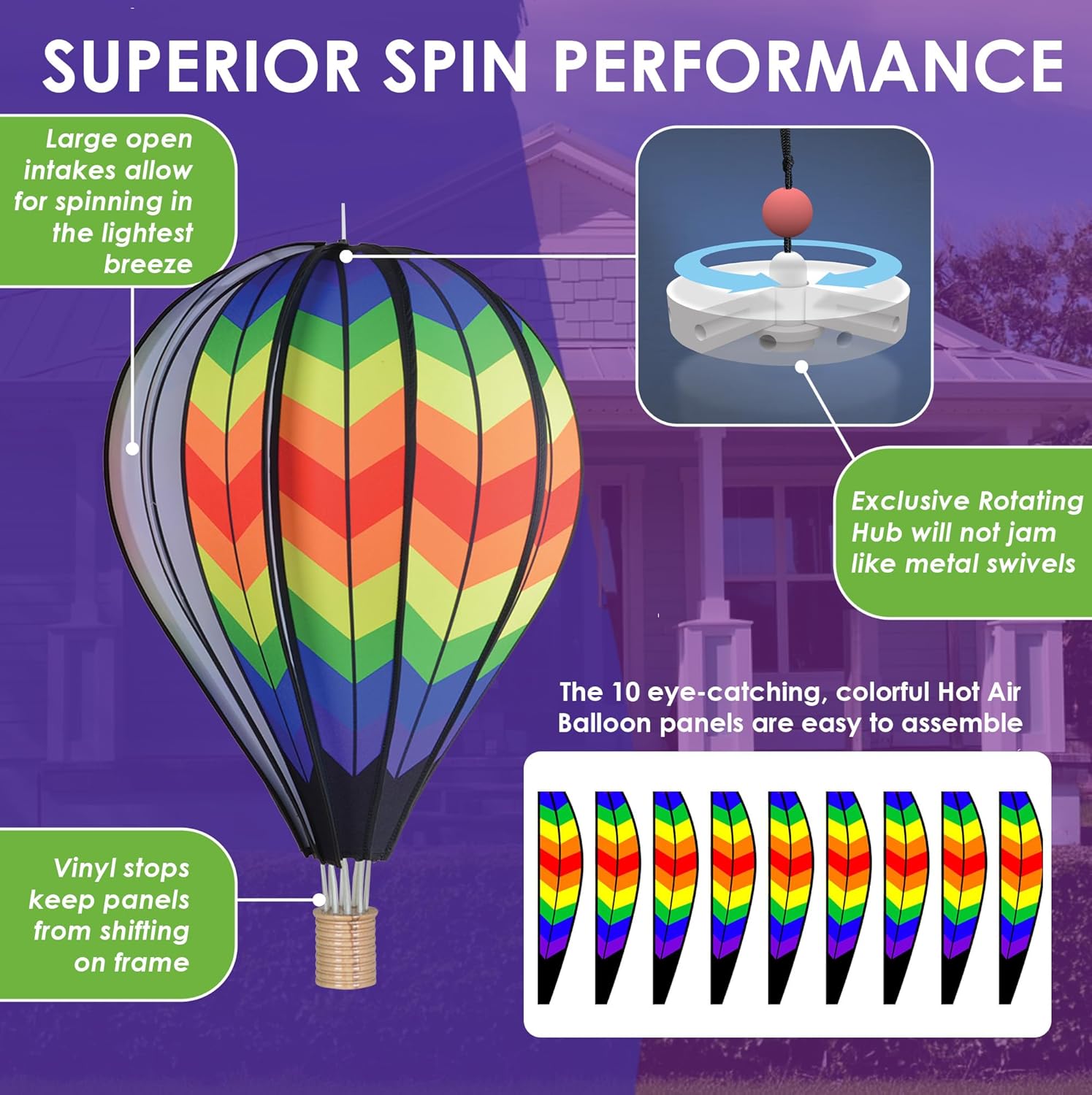Hot Air Balloon Hanging Garden Spinner 26" - Vibrant Double Rainbow Chevron Design, Weather-Resistant Outdoor Decor, Durable & Lightweight for Patios, Yards, and Gardens - Eye-Catching Wind Spinner