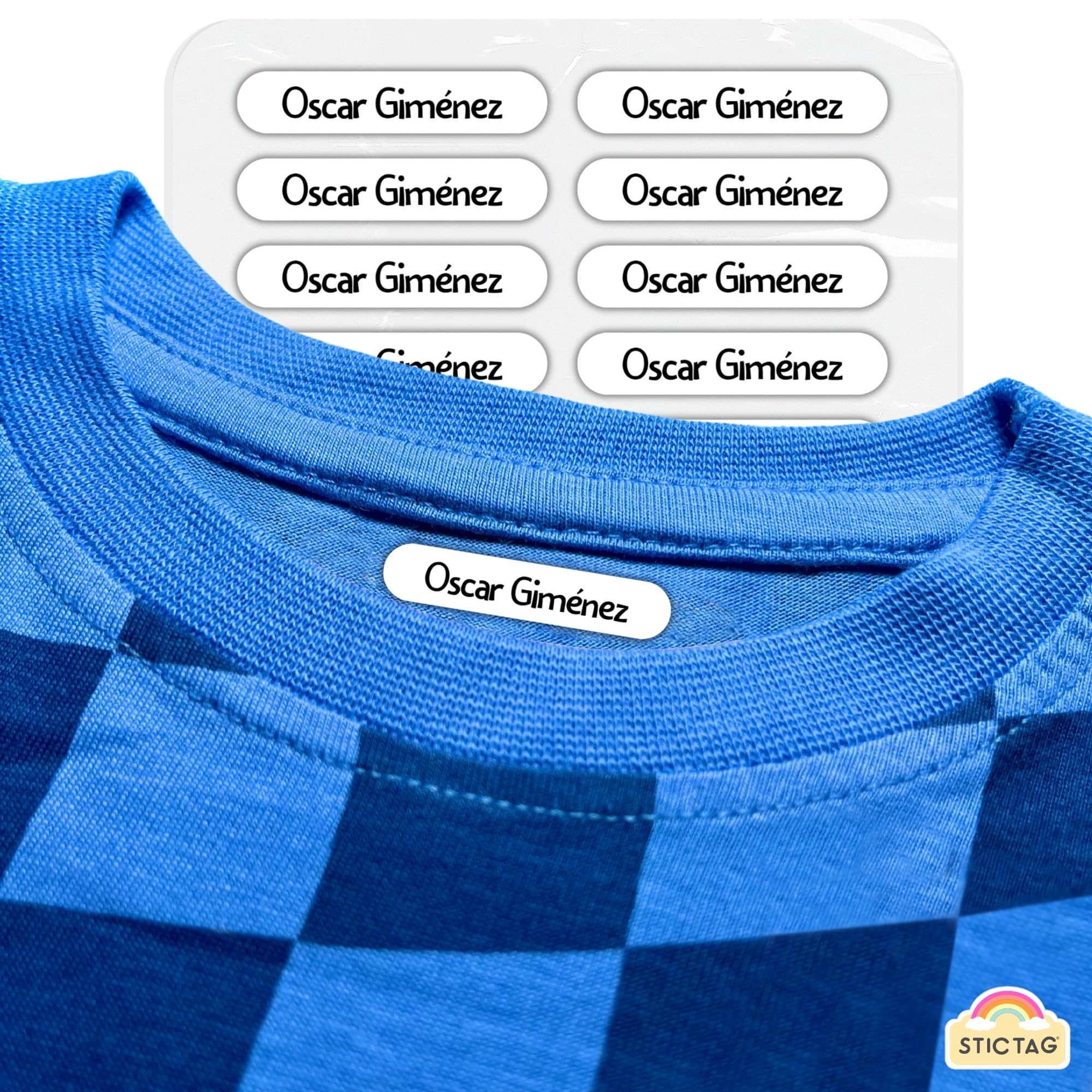 SticTag® 100 Etiquetas para Ropa Personalizadas con Nombre - Marcador termoadhesivo infantil para niños, vuelta al cole, guardería - Etiquetas de tela para camisetas, abrigos