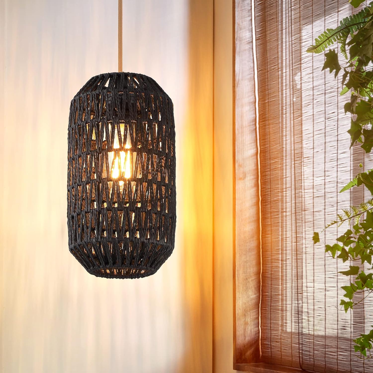 Pendant Light Fixtures Black Rattan Pendant Lights for Kitchen Island with 72in Adjustable Golden Cotton Cord, Farmhouse Wicker Basket Light Fixture for Living Room (Black-A)