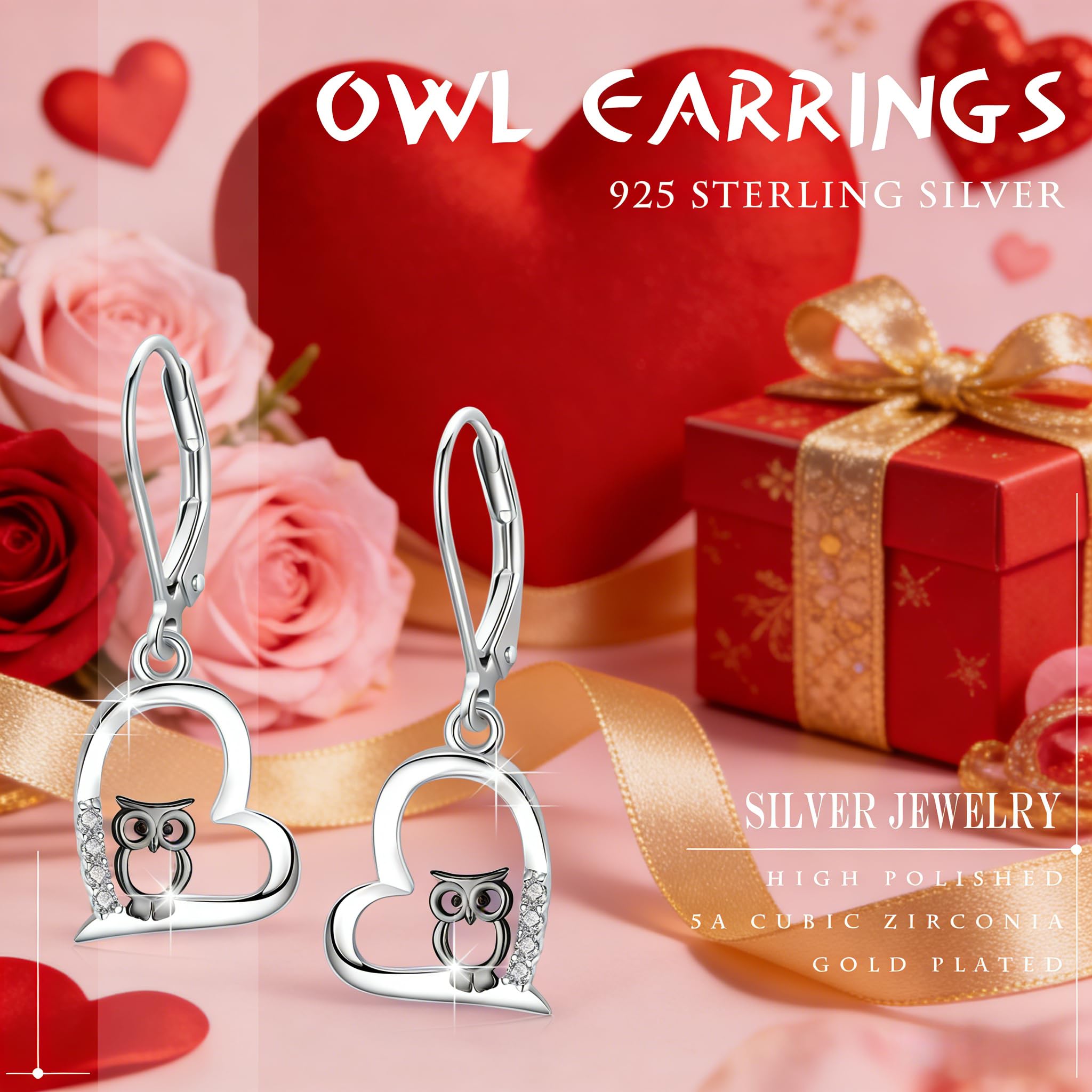 REDSUN Boucles d'oreilles hibou en forme de cœur en argent sterling 925 pour femme - Boucles d'oreilles pendantes en forme de chouette noire - Cadeau hypoallergénique pour filles, femmes, femmes