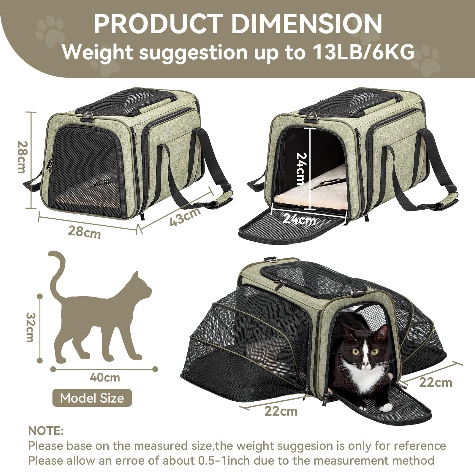 Petsfit Trasportino per gatti, espandibile, comodo trasportino pieghevole su due lati con tappetino in pile, trasportino per cani aperto nella parte superiore. Verde
