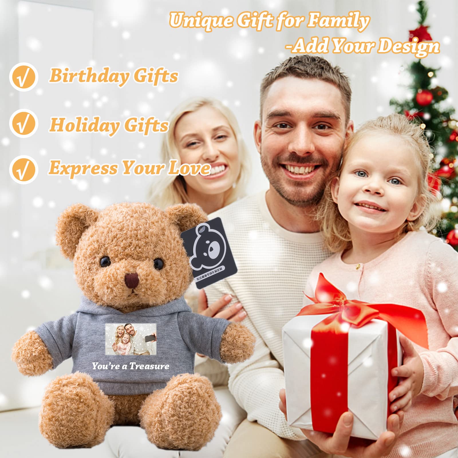 Personalized Teddy Bear Plush With Custom Text & Picture - 12 Inch Gray, Gift For Her/Him