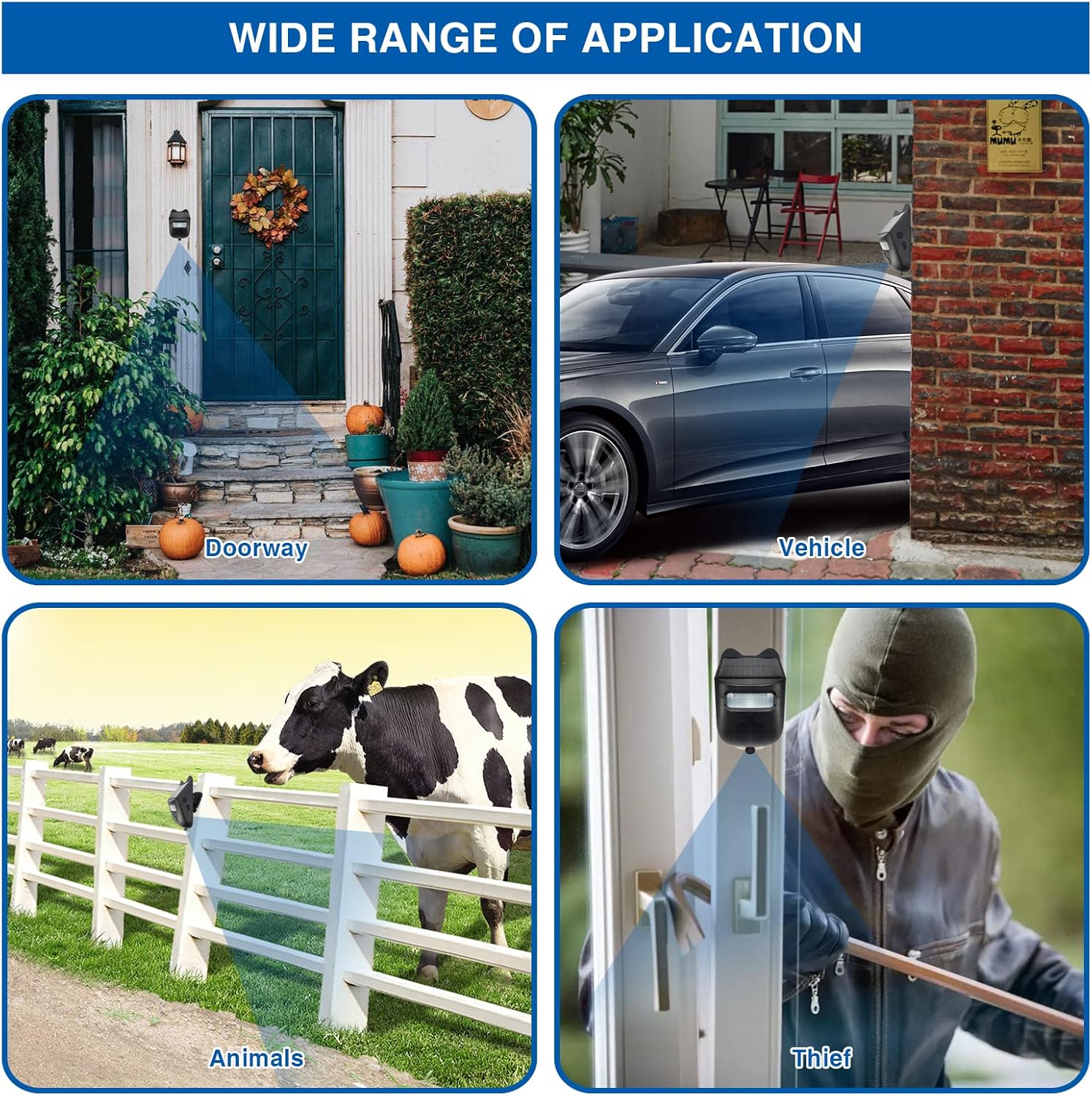 Collage of images illustrating various applications: a doorway, a vehicle approaching, animals in a field, and a person attempting to break in, demonstrating the wide range of use for the alarm system.