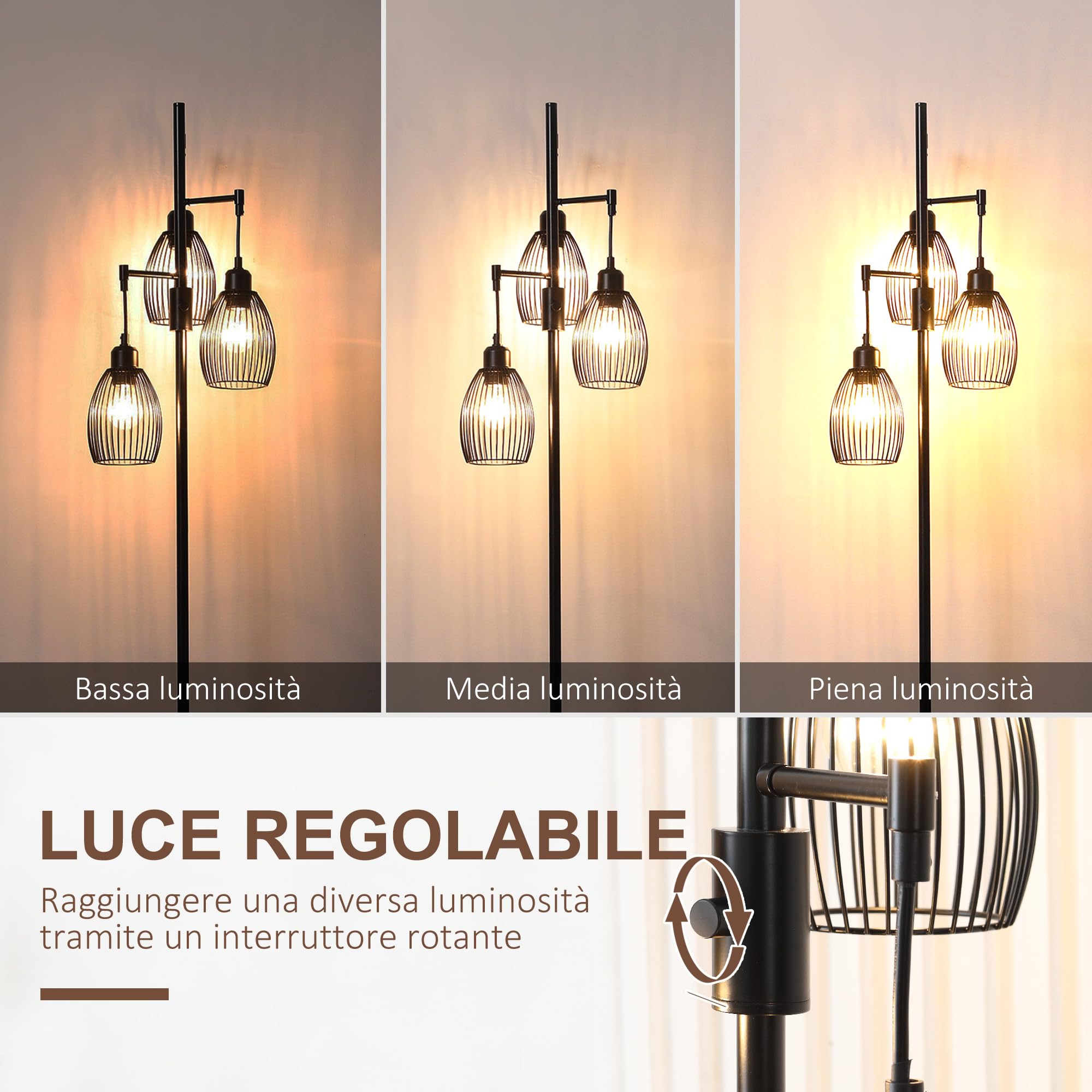 HOMCOM Lampada da Terra Industriale con 3 Paralumi, 30x30x170.5 cm, Nero | Intensità Regolabile, Piantana Lampada da Pavimento in Acciaio