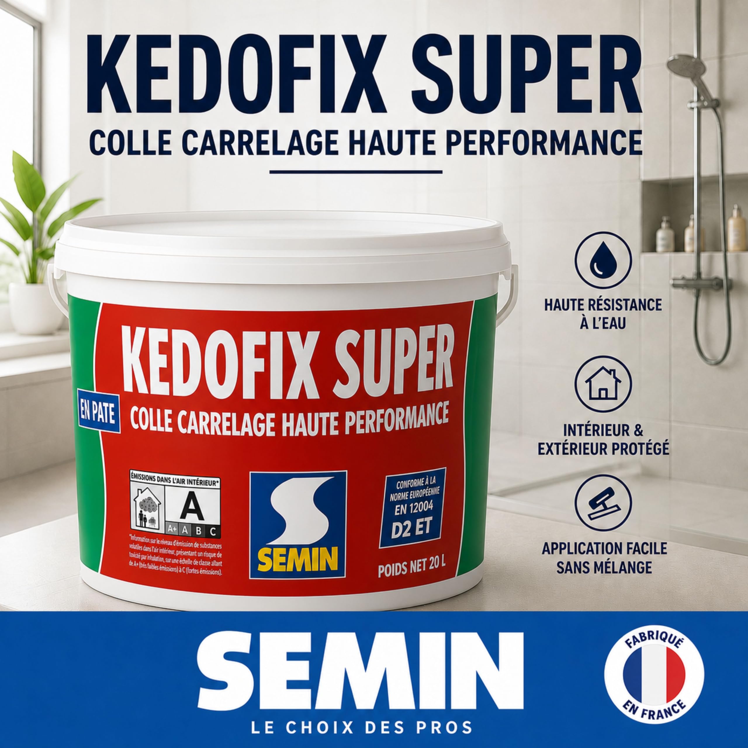 Semin KEDOFIX SUPER Colle Carrelage Murale 20 kg – Prête à l’Emploi Sans Ciment – Intérieur & Extérieur Protégé – Haute Résistance à l’Eau – Spécial Pièces Humides – Faïence, Pierre, Pâte de Verre