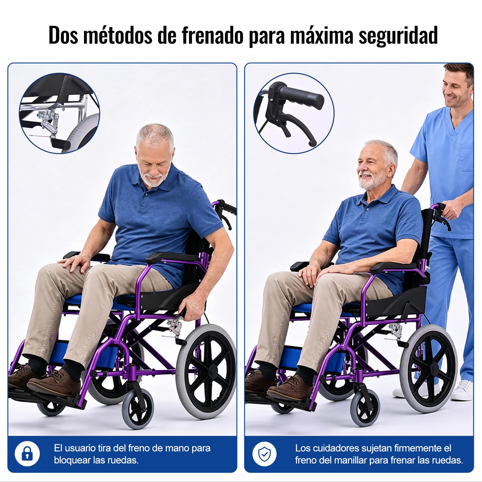 M3 Silla de Ruedas Plegable Ligera para Adulto, Fácil de Transportar, Doble Freno, Reposapiés Plegables, Soporta hasta 100 kg, Ideal para Mayores y Movilidad Reducida - Púrpura