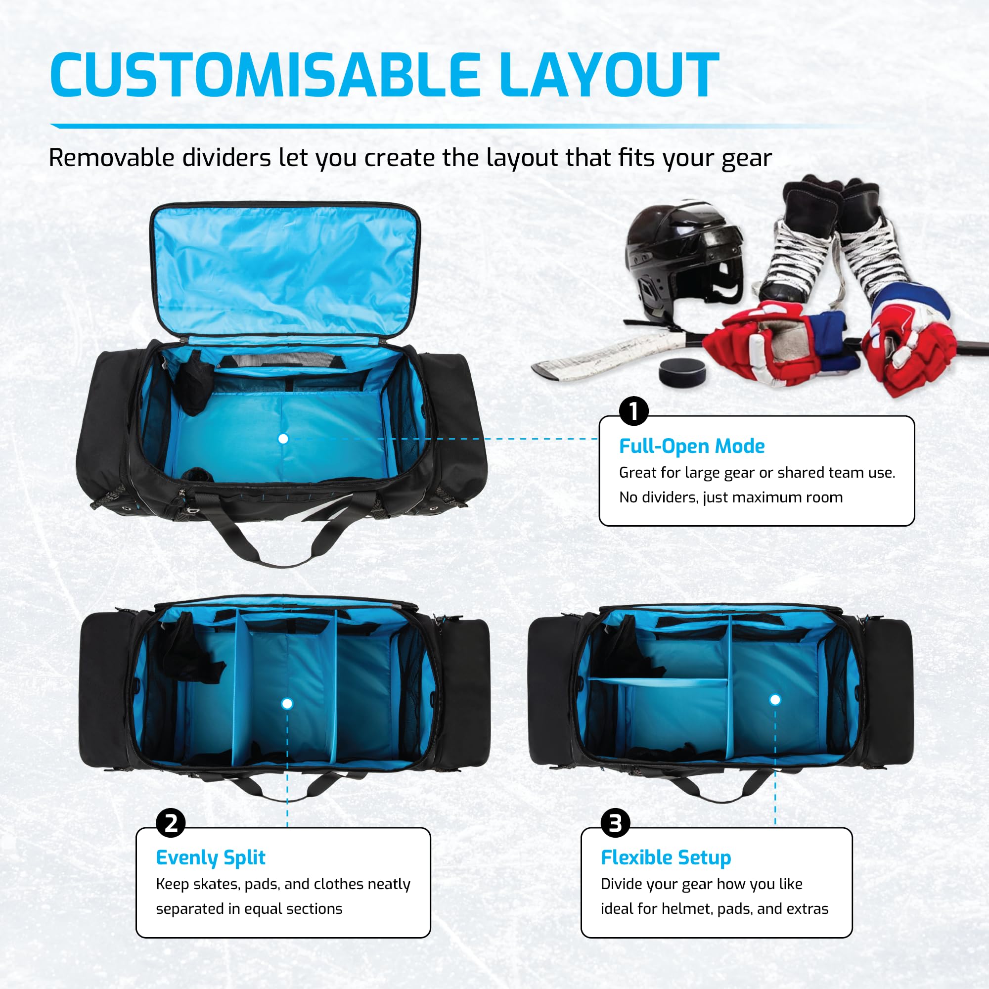 Borsa per attrezzatura da hockey di alta qualità, grande capacità, design traspirante, con sacco per casco, portabottiglie e coperture per le lame, 102 x 40 x 40 cm