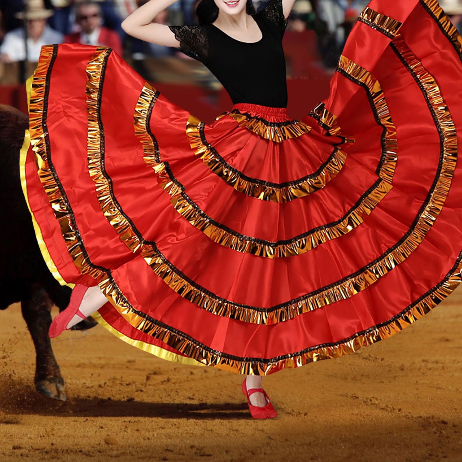Rock Damen Elegant - Spanischer Damen Tanzrock mit Weitem Schwung für Bühnenshows Festliche Anlässe
