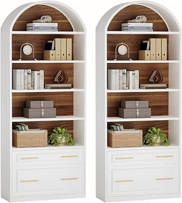 Tribesigns 76.8" Tall Arched Bookcase Set of 2, 5-Tier Bookshelf with File Cabinet Drawer, Modern Freestanding Wooden Bookshelves, Large Open Display Storage Shelves for Home Office, Living Room